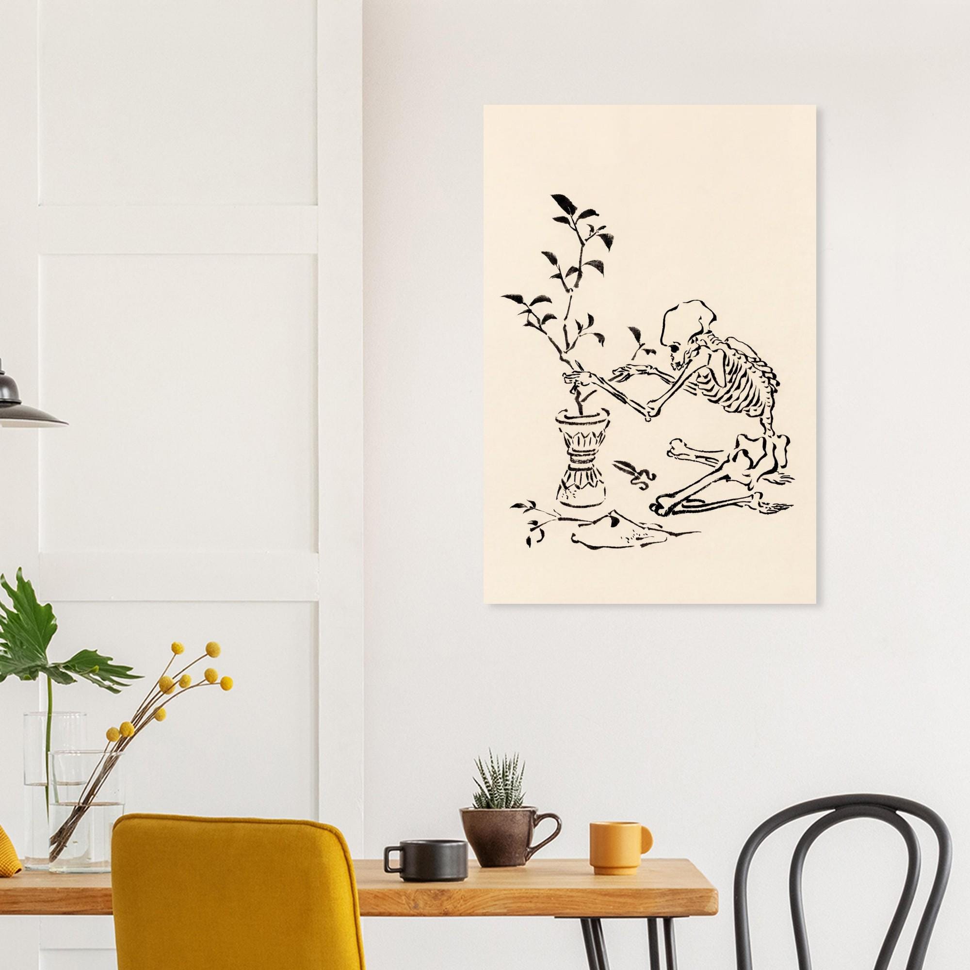 Kawanabe Kyosai Skeleton Pruning Plant Art Print | Japanese Sumi-e Ink Sketch | Vintage Gothic Wall Art | Macabre Home Decor Print