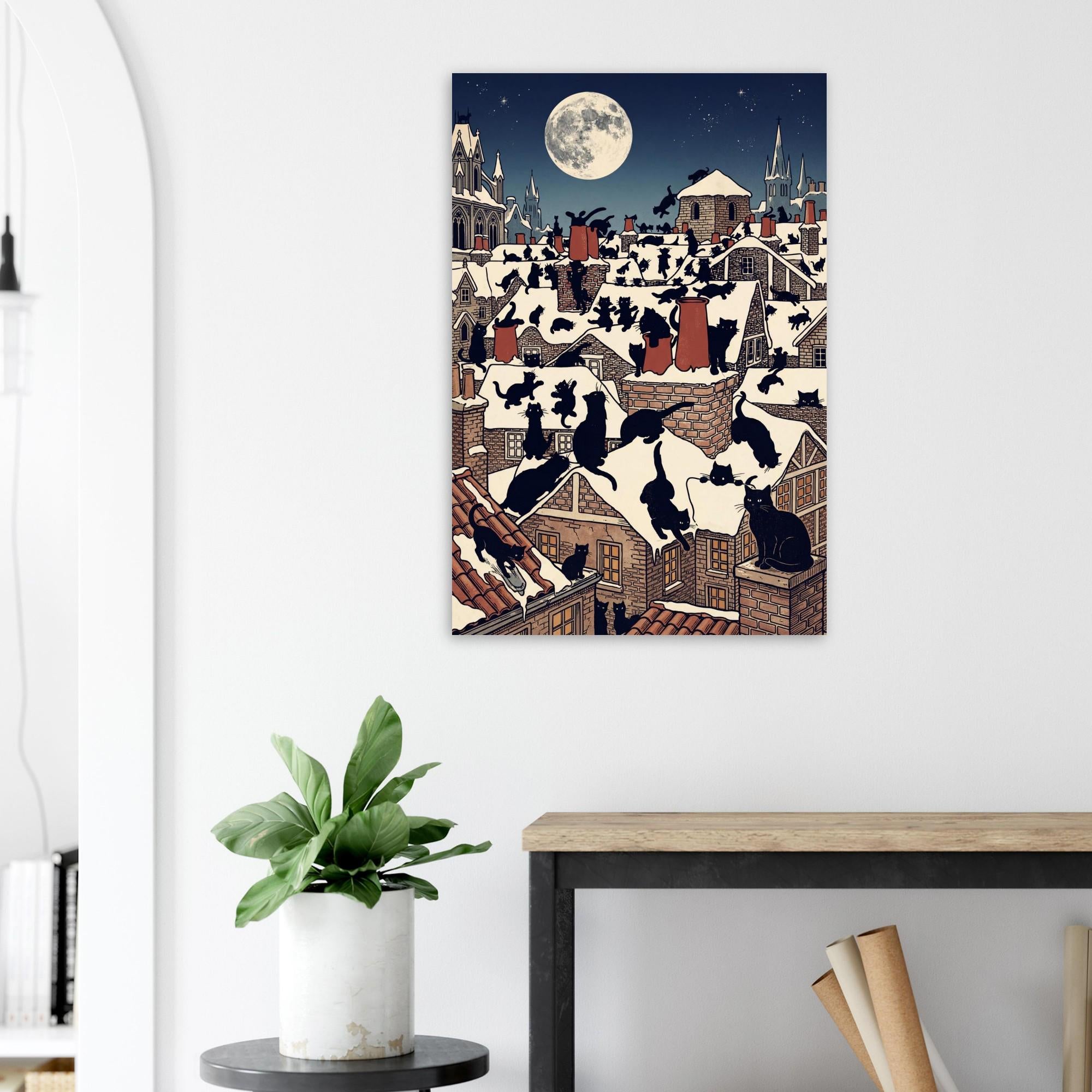 Vintage Black Cat Art Print Edwardian Rooftop Snowy Night Illustration Antique Christmas Feline Decor Art Nouveau & Vintage