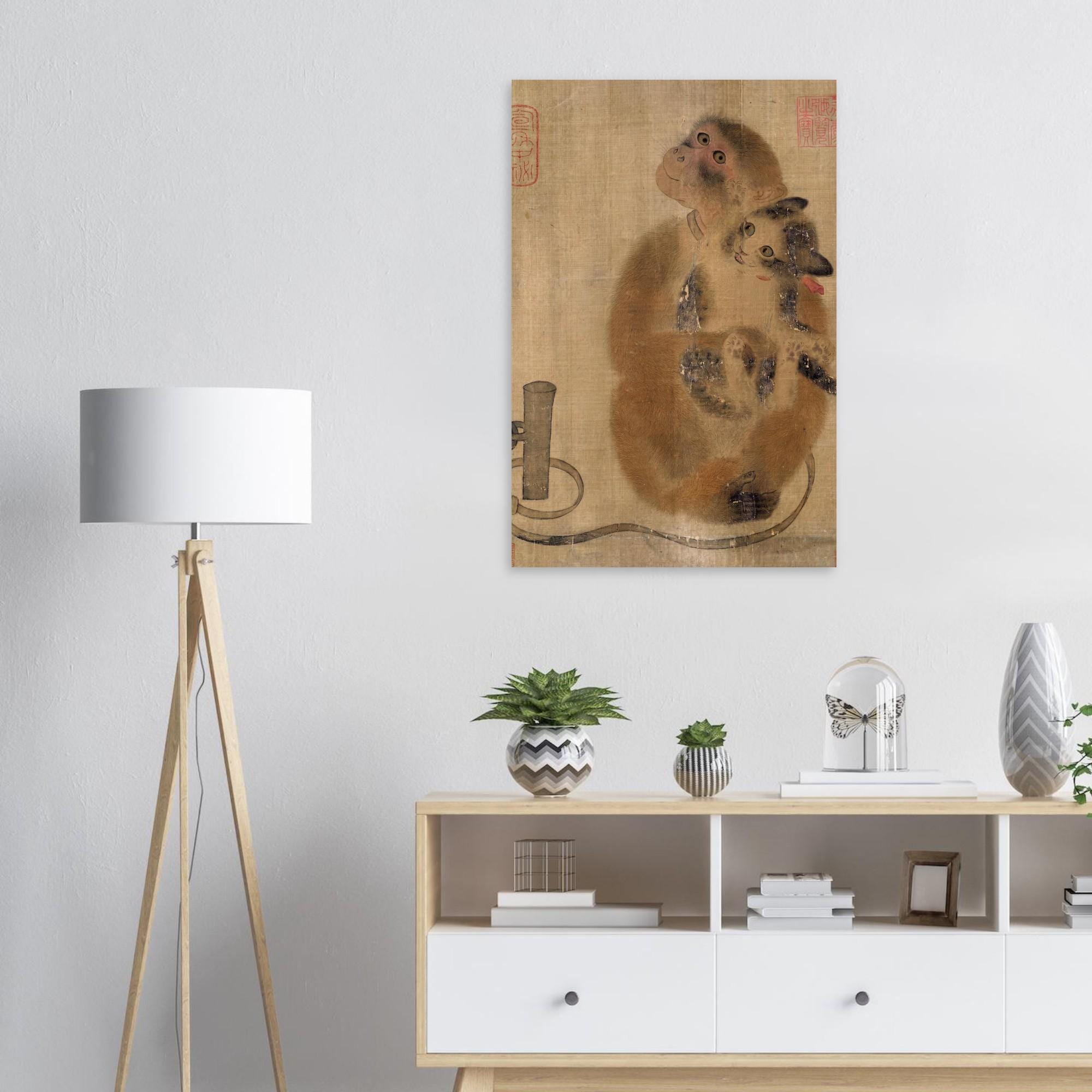 Monkey and Cat Art Print | Traditional Chinese Song Dynasty Wall Art | Vintage Asian Animal Painting | Zen Home Decor Poster