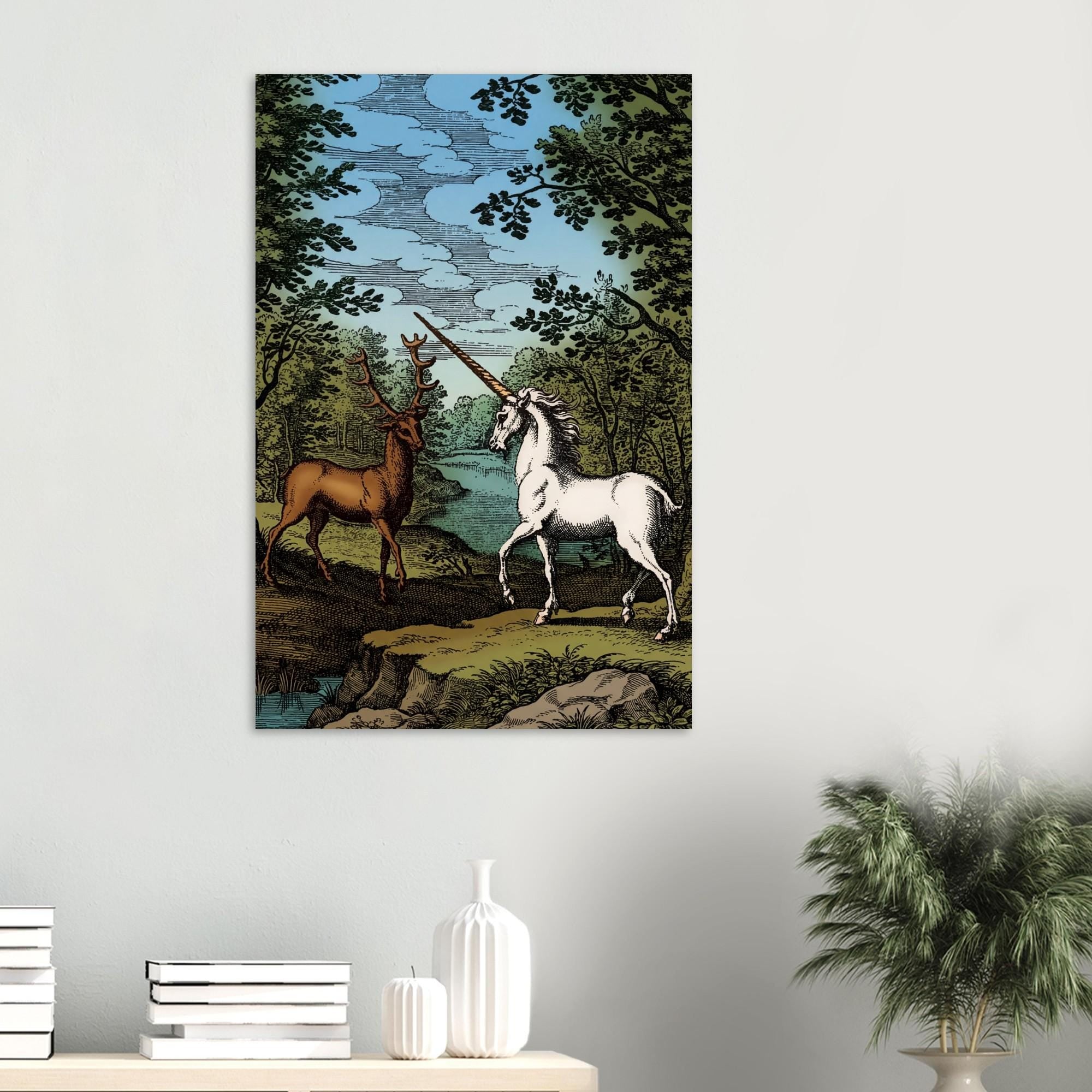Vintage Unicorn and Stag Woodcut Alchemy Art Print Medieval Hermetic Illustration for Dark Academia Decor Myth & Symbolism