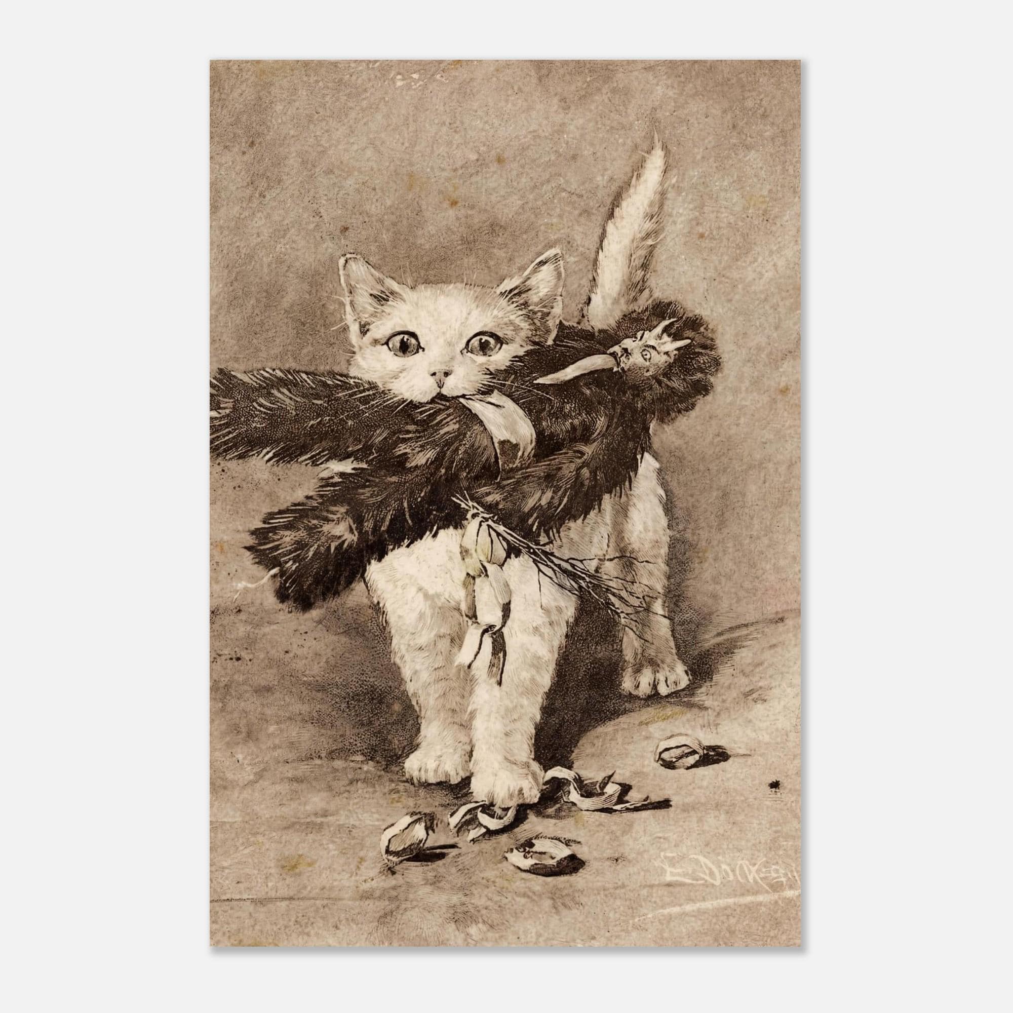 Vintage Kitten Art Print Victorian Mischievous Cat Painting Whimsical Moody Feline Sketch Antique Decor Dark Academia & Moody DSiEJ