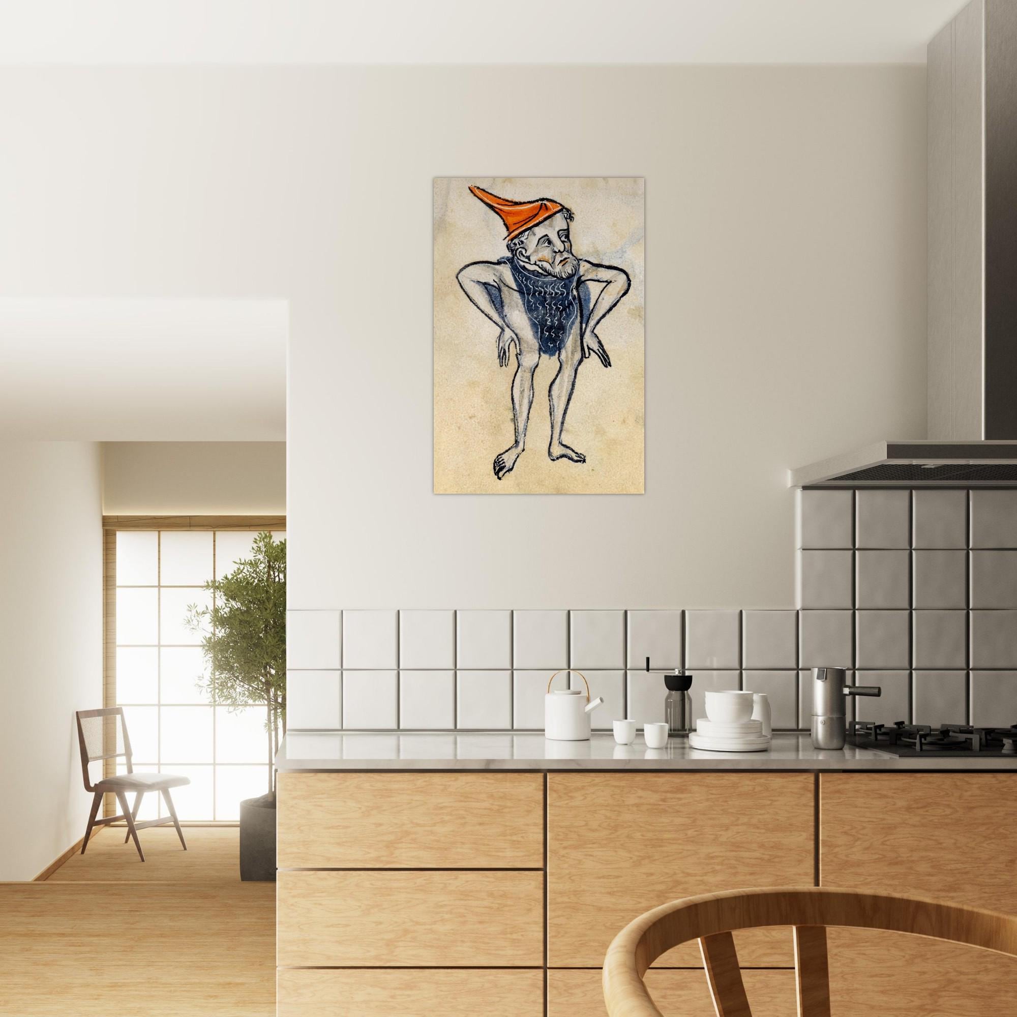 Medieval Marginalia Art Print Sassy Bearded Man in Orange Hat Weird Middle Ages Grotesque Wall Decor Portraits & Figures bbf90