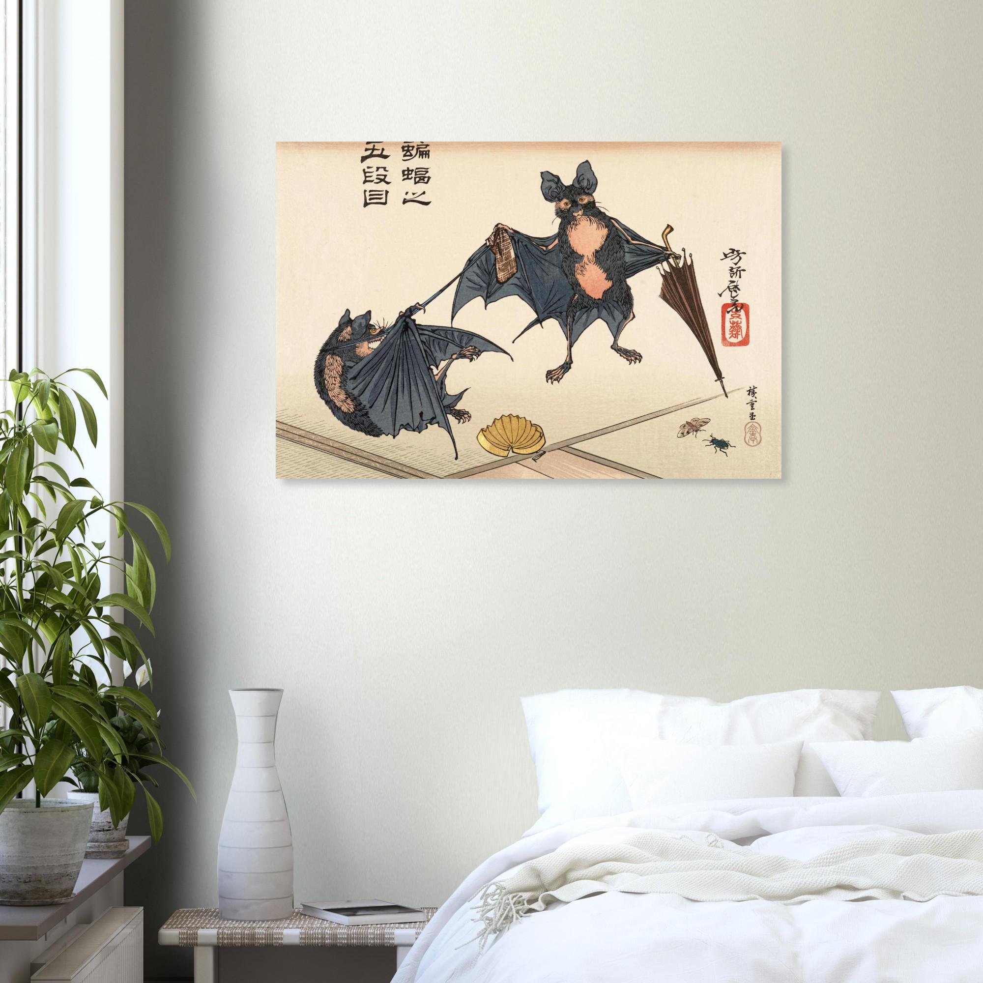 Vintage Japanese Bat Art Print Tsukioka Yoshitoshi Bats with Umbrella Woodblock Poster 1882 Antique Decor Woodblock & Asian Art