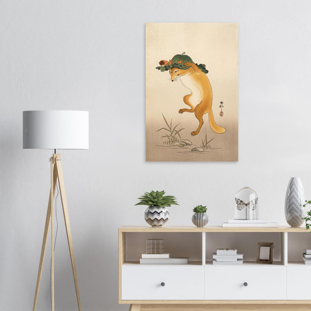 Dancing Fox with Lotus Leaf Hat Ohara Koson Art Print Vintage Japanese Woodblock Painting Kitsune Poster Woodblock & Asian Art