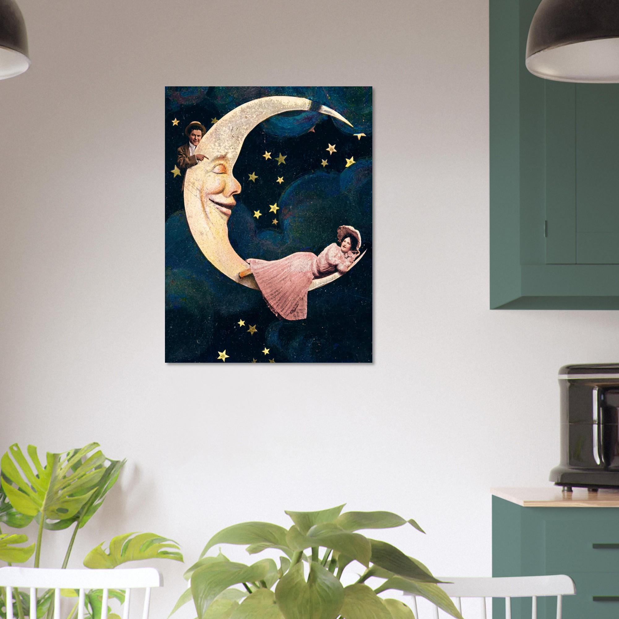 Vintage Moon Art Print Antique Celestial Wall Decor Victorian Man In The Moon Poster Art Nouveau Vintage Romance Crescent Moon