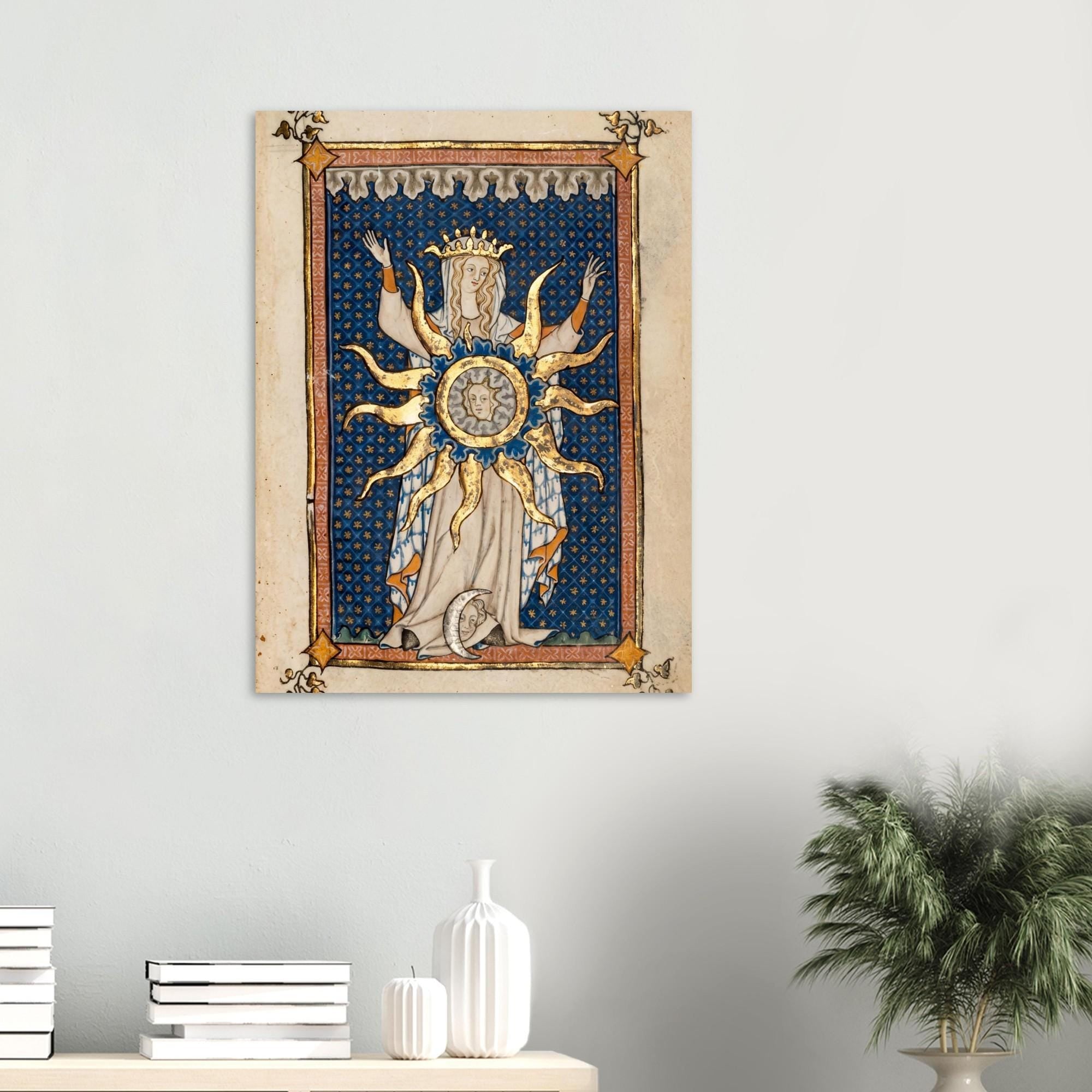 Medieval Manuscript Art Print Revelation 12 Woman Clothed With The Sun Moon Celestial Gothic Wall Decor Dark Academia Myth and Symbolism