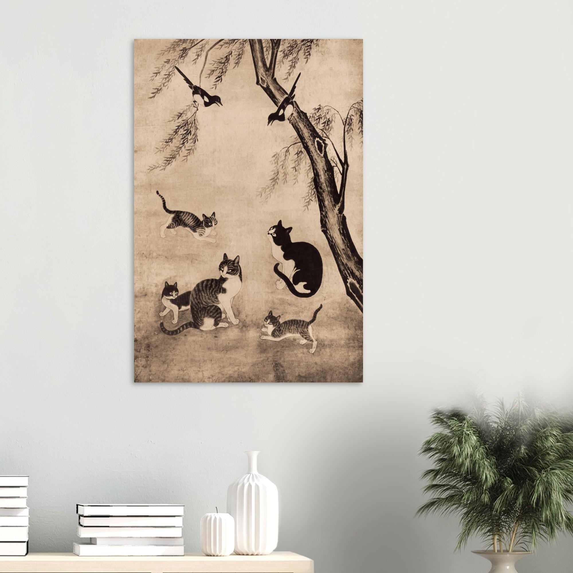 Vintage Korean Cat Art Print Myojakdo Joseon Dynasty Animal Painting Antique Asian Wall Decor Sparrow Bird Woodblock Asian Art