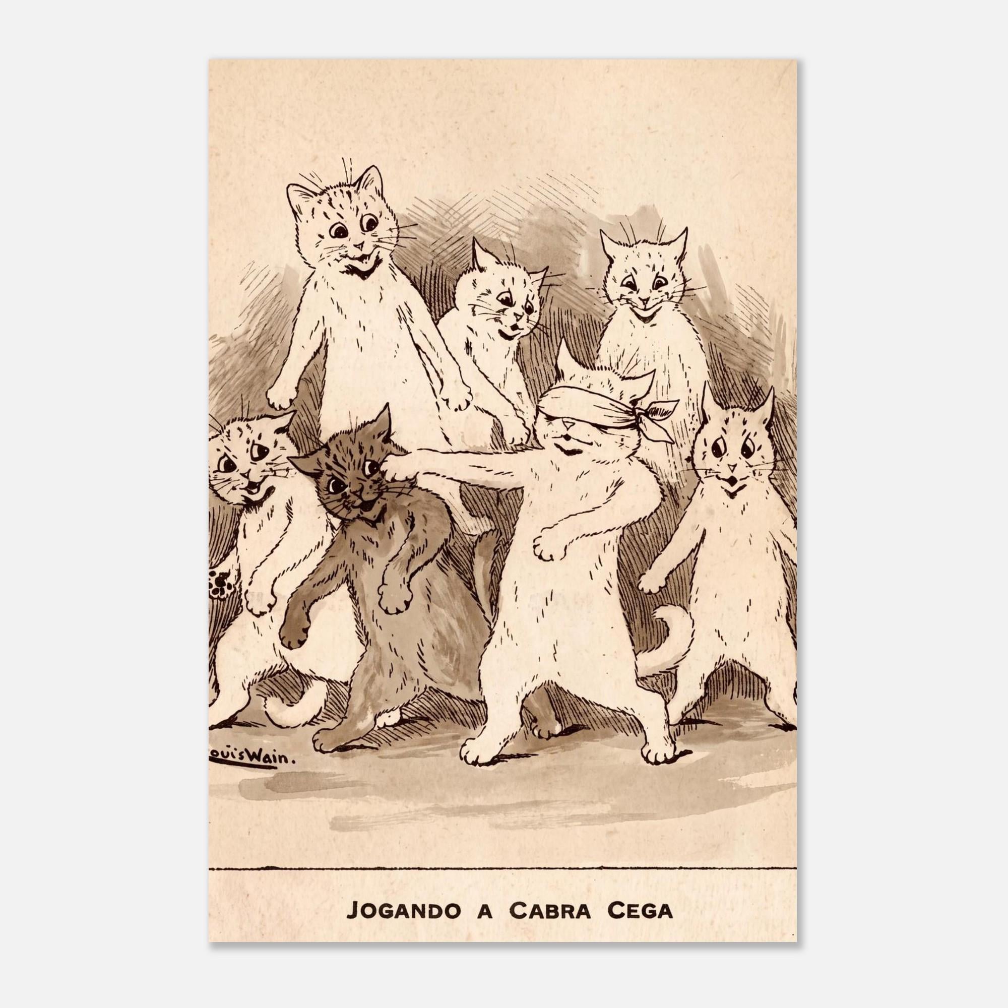Louis Wain Cat Print Whimsical Vintage Cat Art Anthropomorphic Kittens Blind Mans Bluff Victorian Animal Decor Animals Creatures