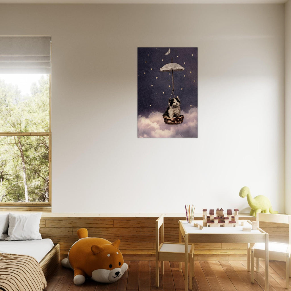 Vintage Whimsical Cat Art Print Antique Kitten in Flying Basket with Umbrella and Stars Black and White Wall Art Animals & Creatures bb984