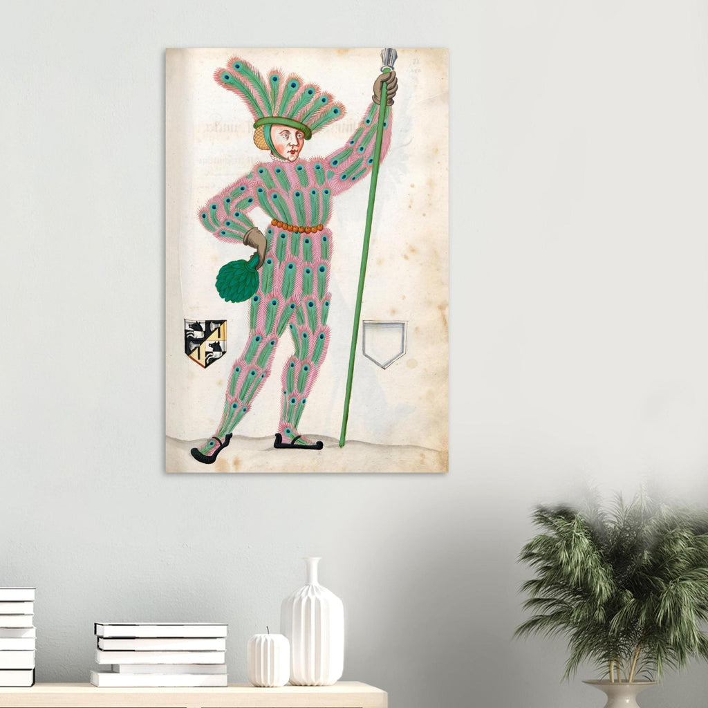 Medieval Peacock Man Wall Art Renaissance Manuscript Print Quirky Vintage Nuremberg Carnival Costume Eccentric Portraits & Figures