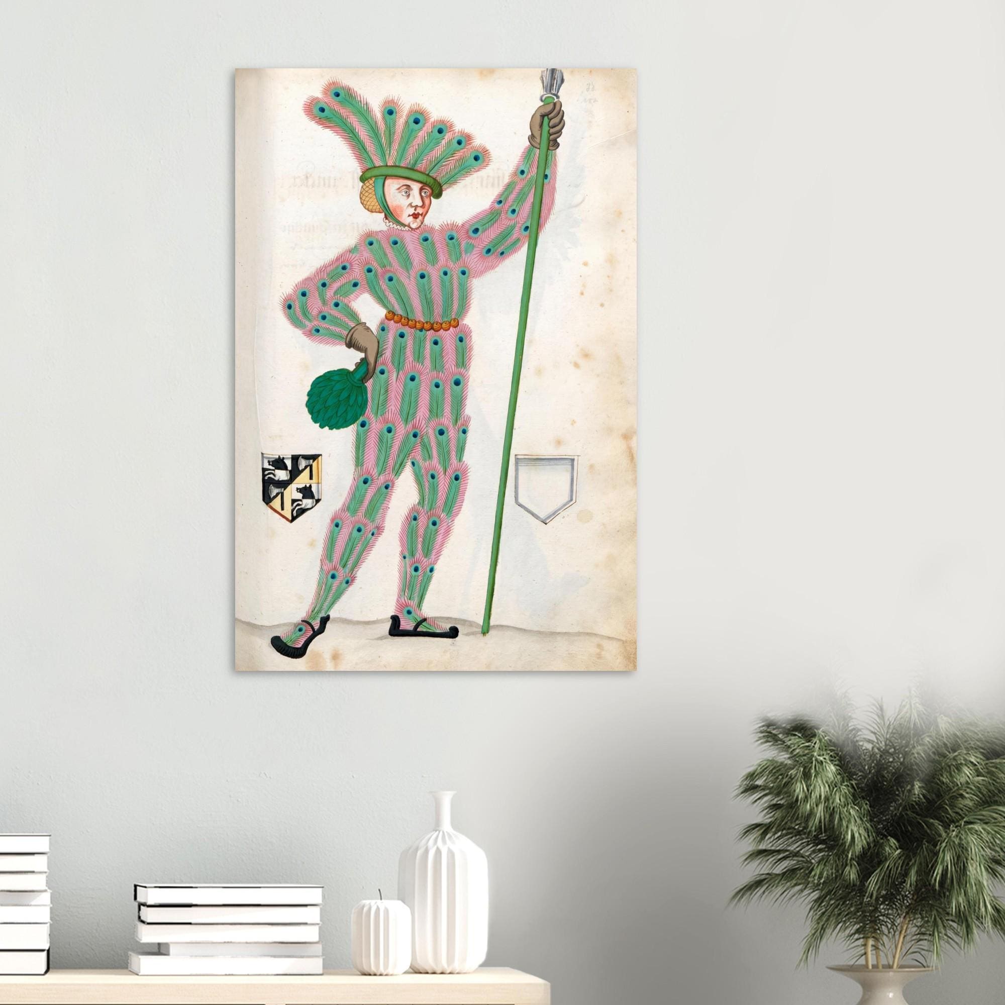 Medieval Peacock Man Wall Art Renaissance Manuscript Print Quirky Vintage Nuremberg Carnival Costume Eccentric Portraits & Figures