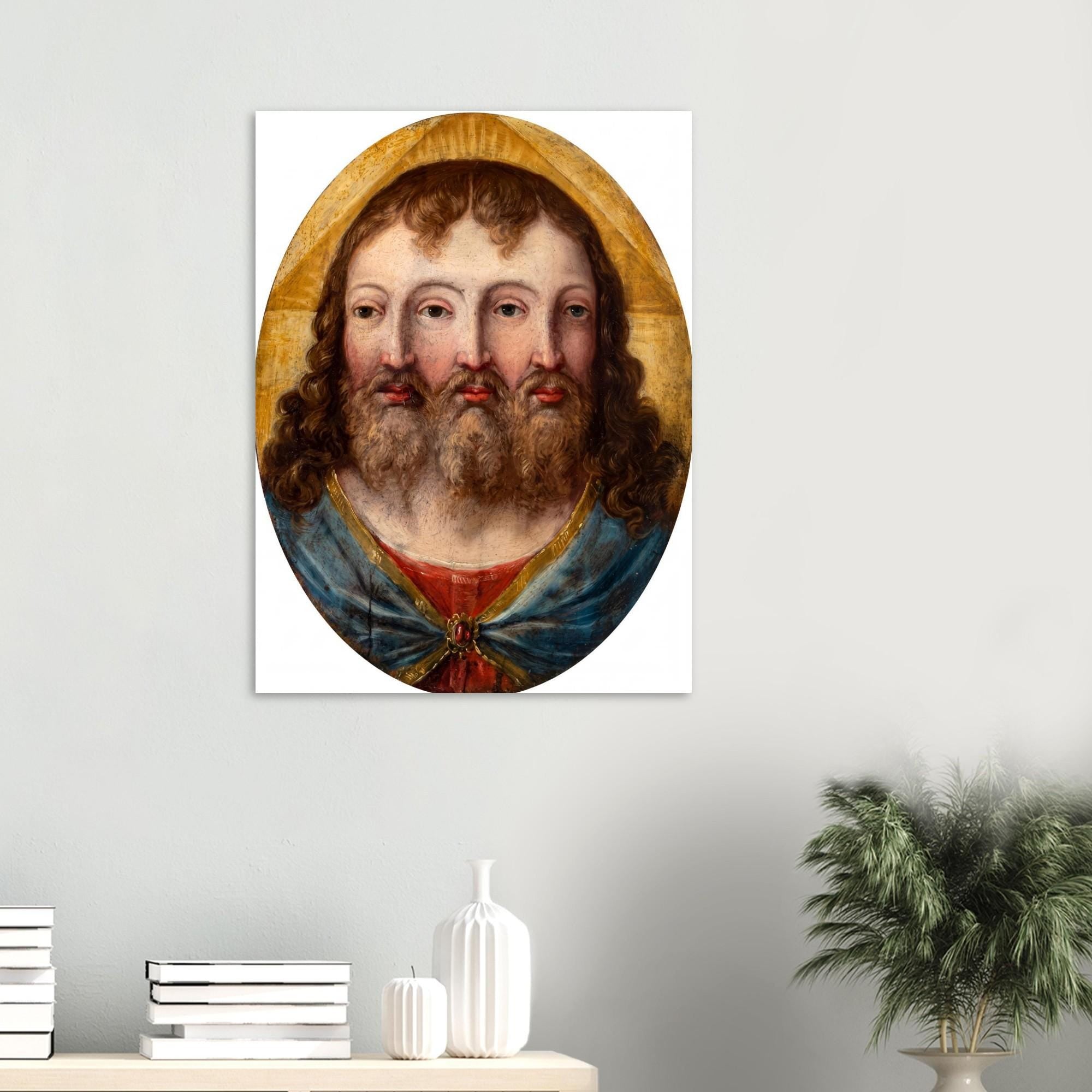 Renaissance Holy Trinity Three Faces Wall Art Print Weird Religious Renaissance Painting Vintage Christian Canvas Sacred Medieval Icons