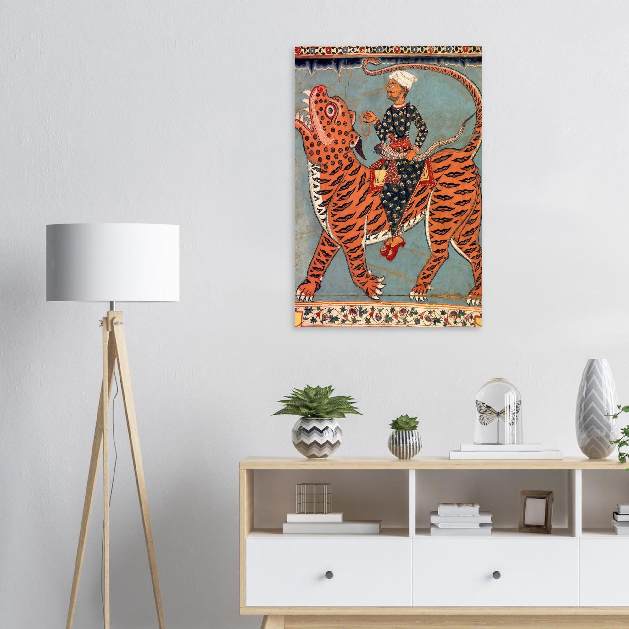 Vintage Indian Folk Art Print | Gazi Pir Riding Tiger with Snake Whip Wall Art | Antique Bengal Scroll Painting | Ethnic Home Decor