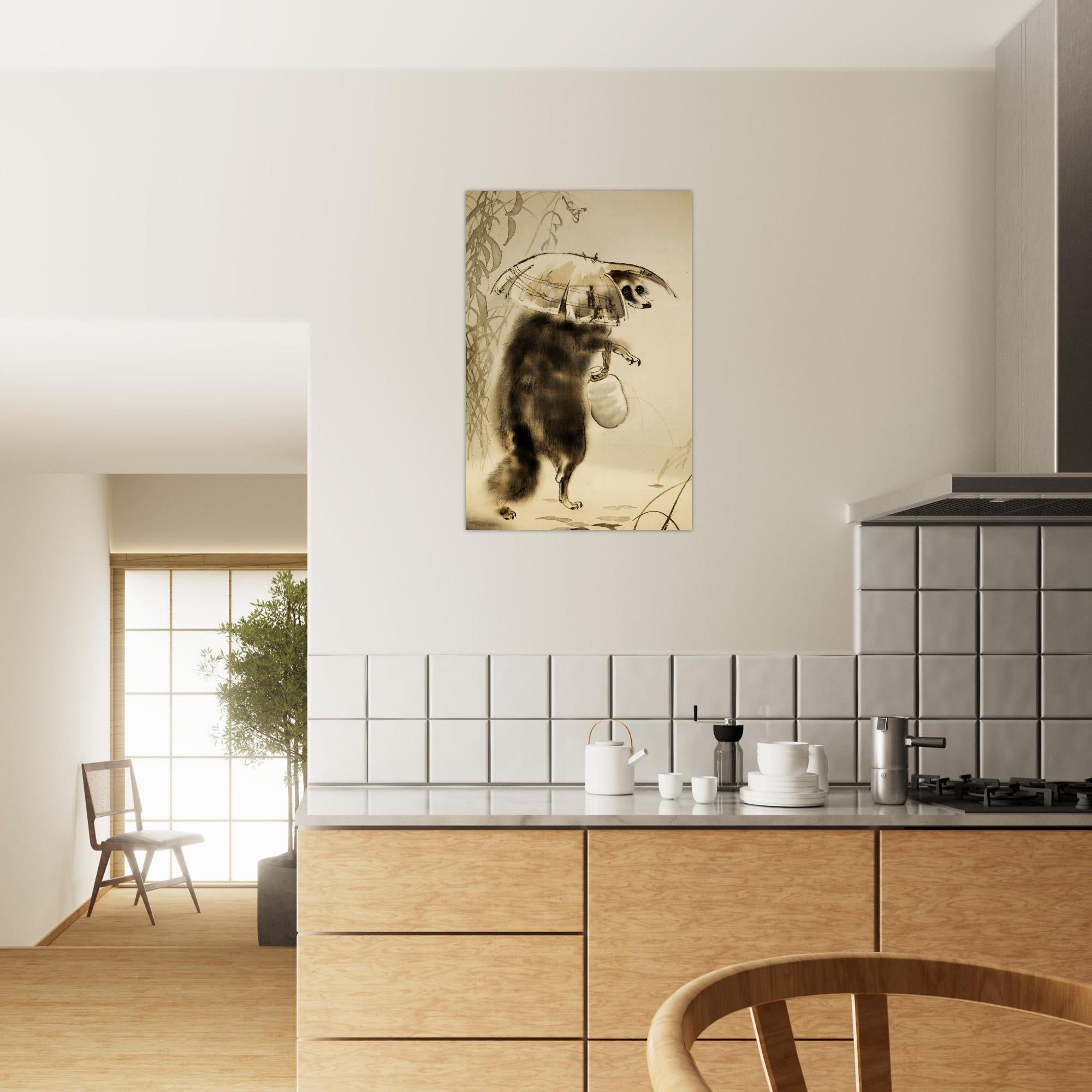 Japanese Tanuki Art Print Traditional Raccoon Dog with Sake Bottle and Straw Hat Vintage Asian Wall Decor Woodblock & Asian Art a1fe0