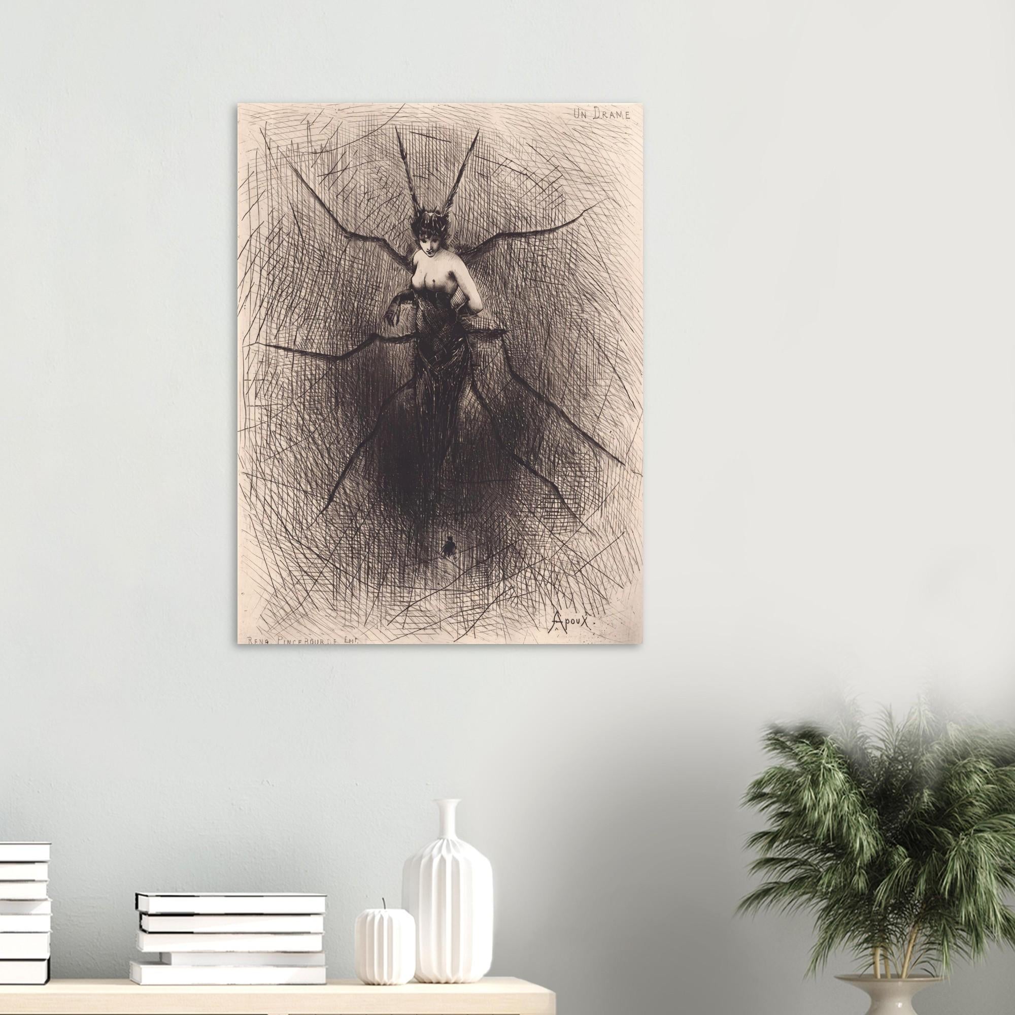 Vintage Spider Woman Etching Un Drame Macabre Symbolist Art Print Antique Dark Fairy Tale Illustration Poster Gothic Oddities