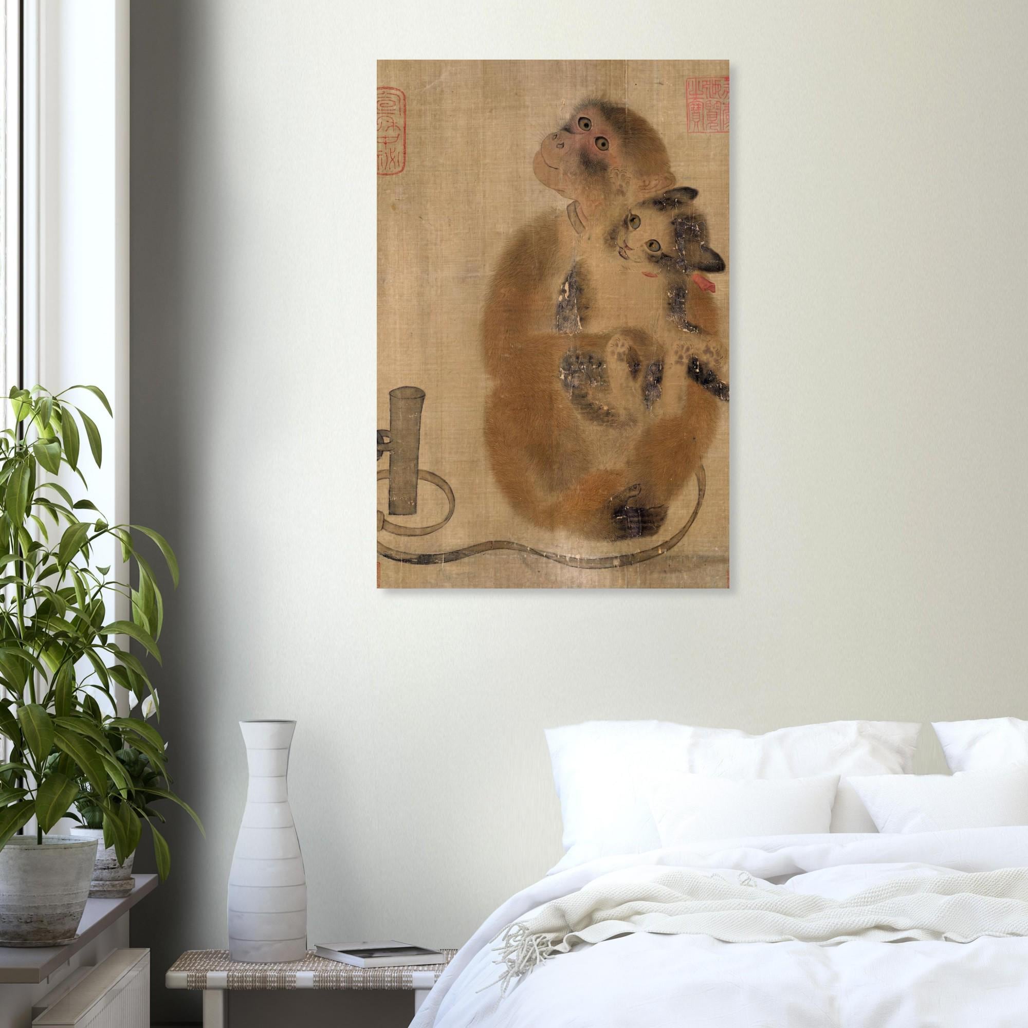 Monkey and Cat Art Print | Traditional Chinese Song Dynasty Wall Art | Vintage Asian Animal Painting | Zen Home Decor Poster