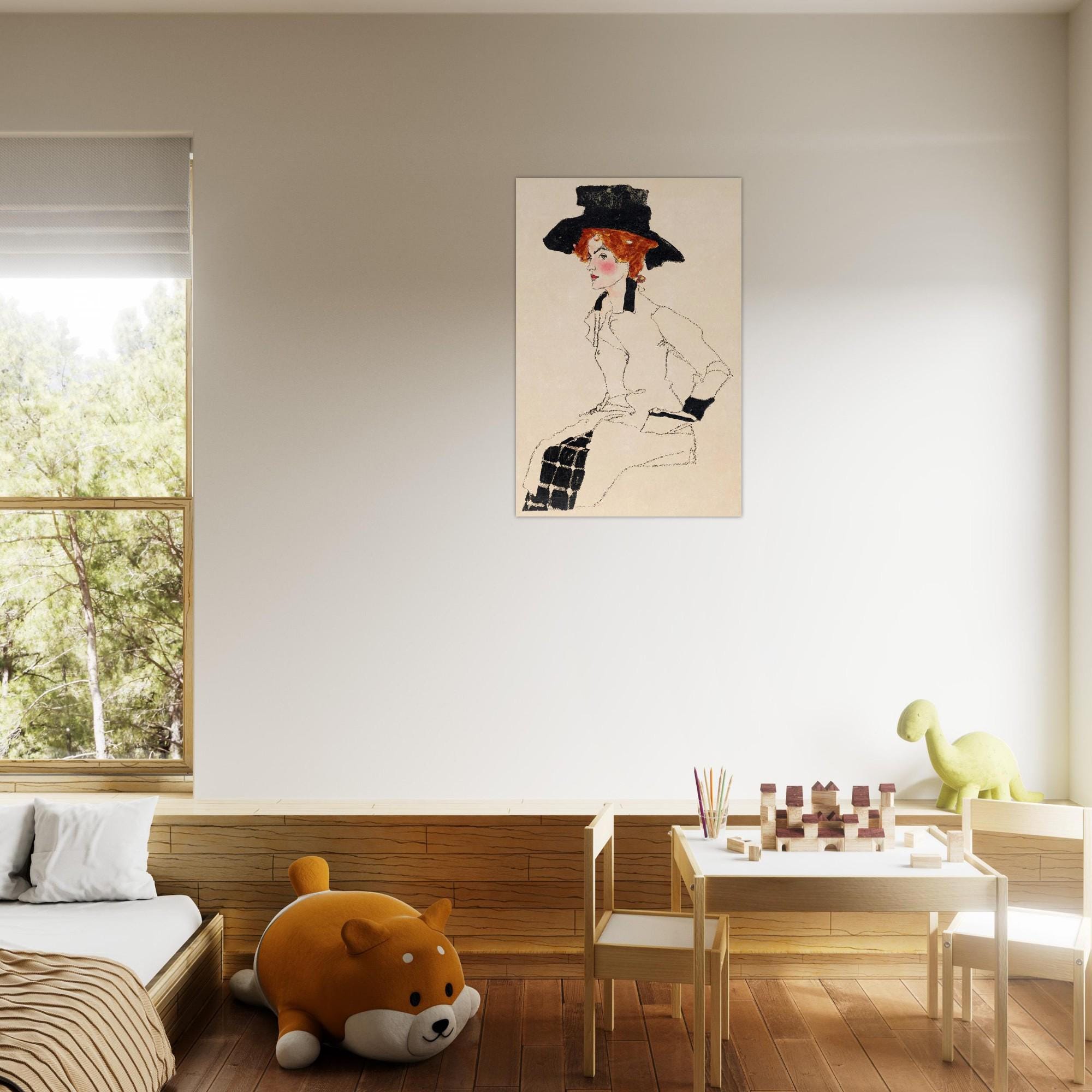 Egon Schiele Portrait of Gertrude Red Hair Woman in Large Hat Fine Art Print Vintage Sketch Moody Wall Decor Portraits Figures
