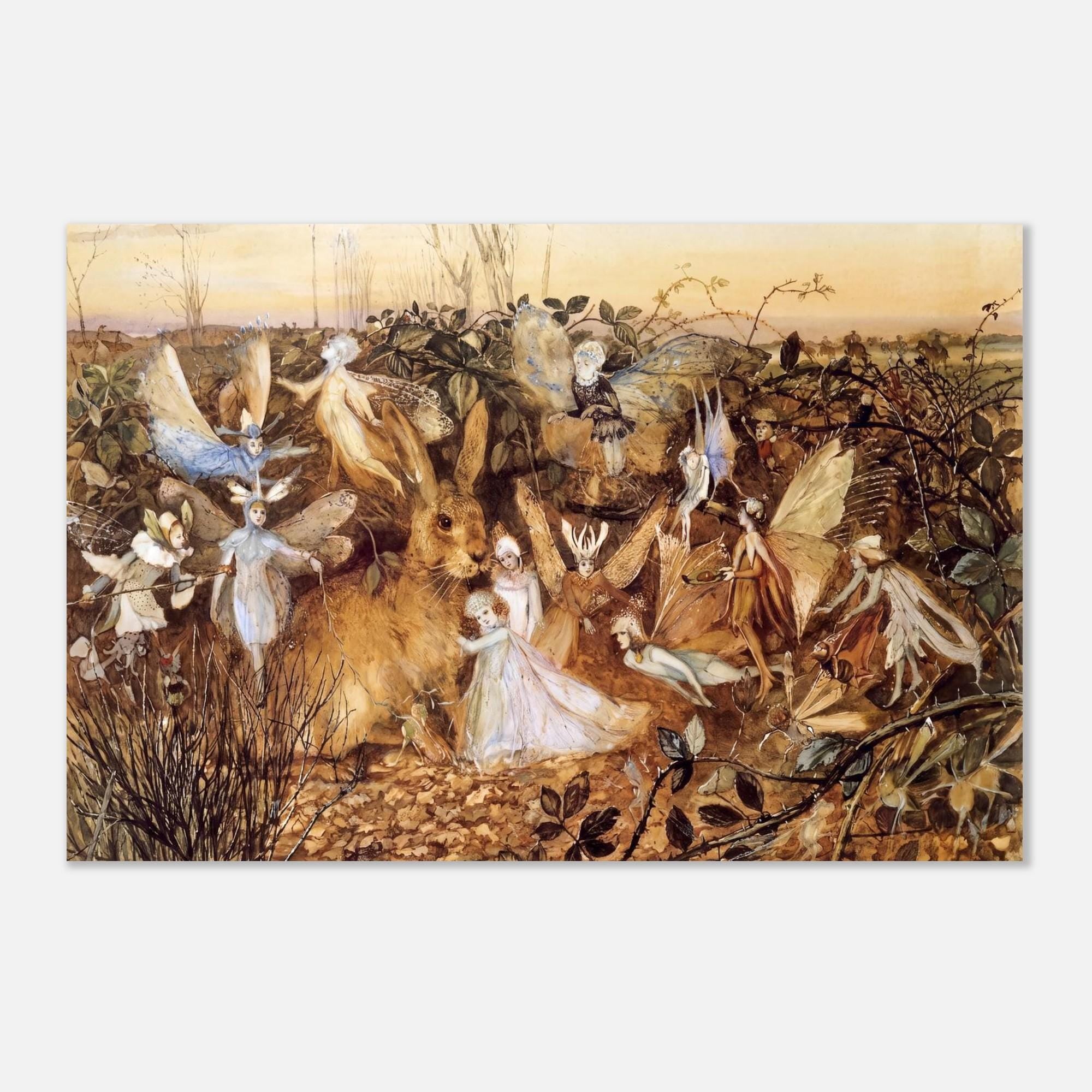 Vintage Victorian Fairy Art Print Whimsical Woodland Hare and Fairies Antique Fantasy Painting Wall Decor Myth Symbolism