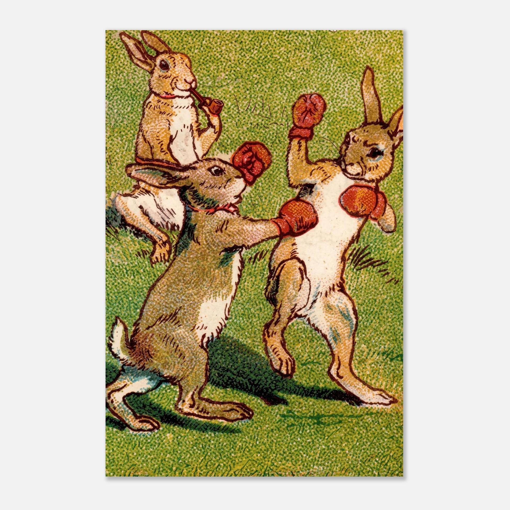 Vintage Boxing Rabbits Art Print Whimsical Retro Bunny Wall Decor Quirky Anthropomorphic Hare Sports Art Animals & Creatures
