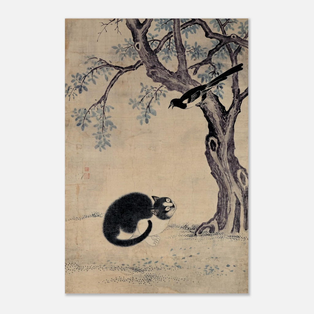 Vintage Korean Cat and Magpie Art Print Byeon Sang-byeok Joseon Dynasty Minhwa Folk Painting Unframed Woodblock & Asian Art 0975d