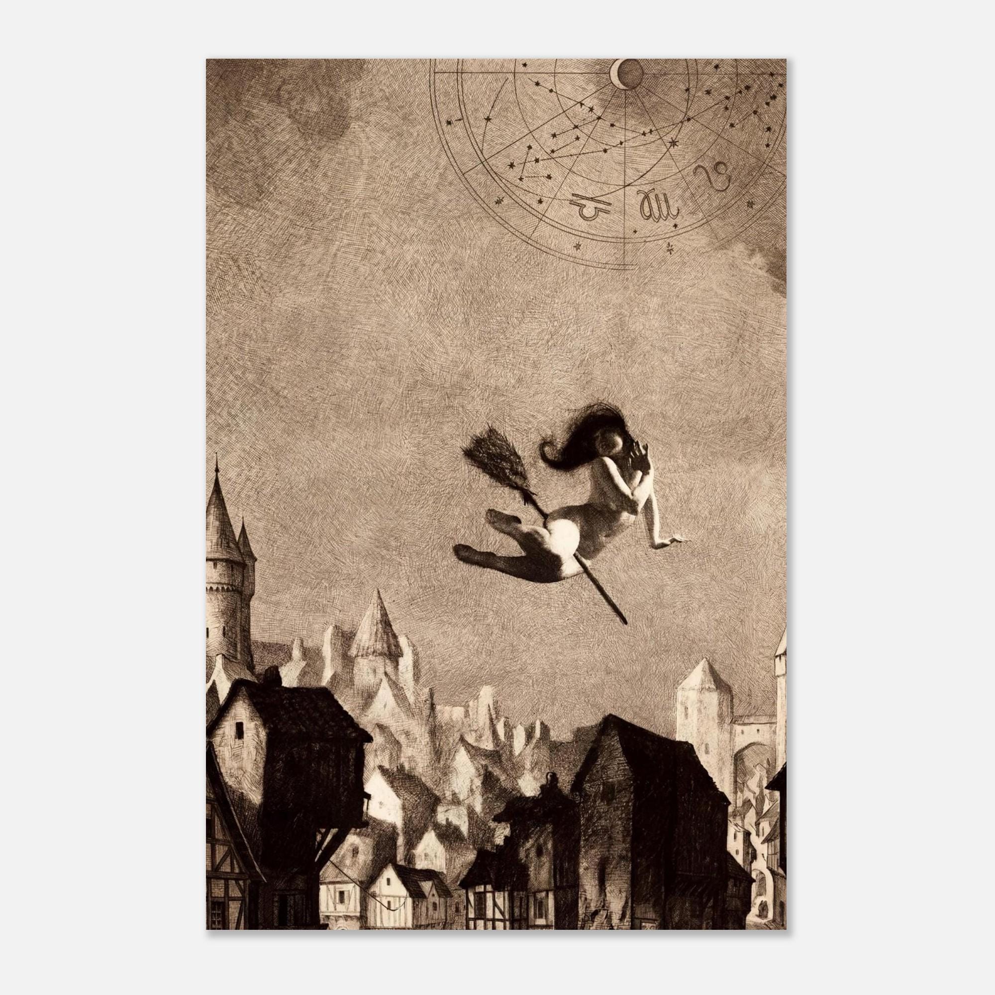 William Mortensen Off to the Sabbath Flying Witch Art Print Vintage Gothic Occult Wall Decor Moody Dark Fantasy & Macabre