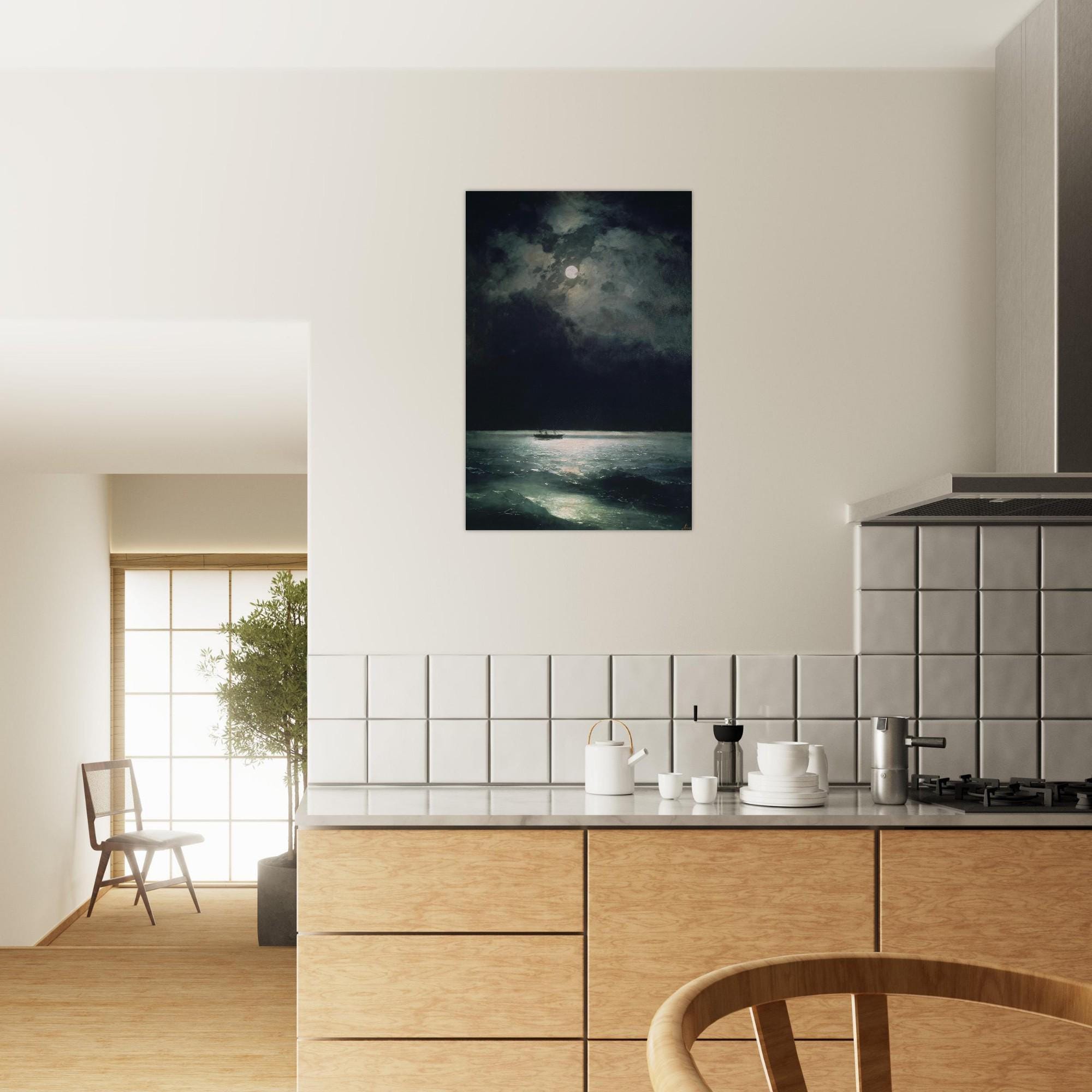 Vintage Antique Moonlit Ocean Painting Print Moody Nautical Seascape Wall Art Dark Academia Night Sea Decor Landscapes Scenery