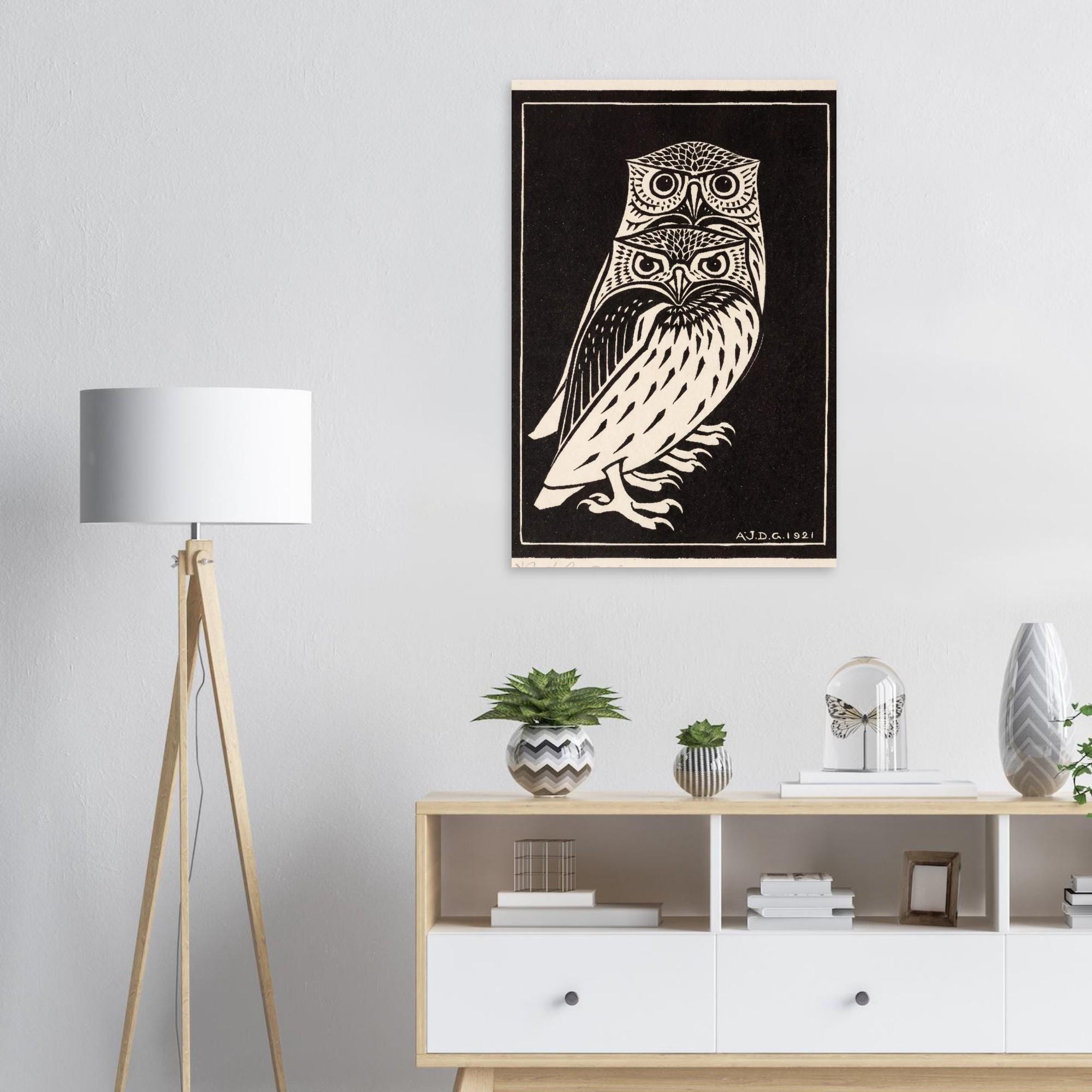 Two Owls by Julie de Graag Fine Art Print, Vintage Owl Art, Craftsman Decor, Antique Woodcut, Bird Wall Art, Animal Artwork, Black
