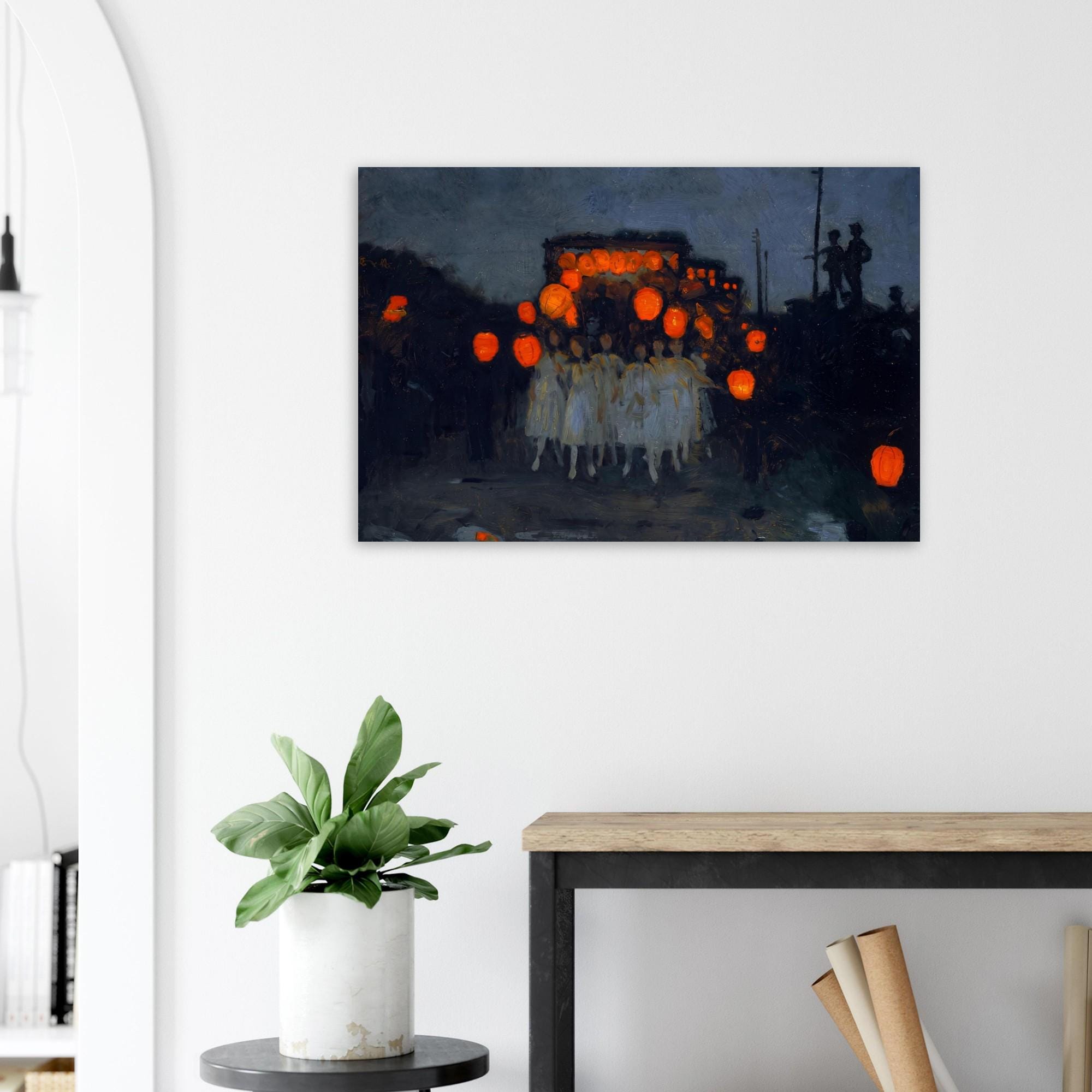 Moody Vintage Lantern Parade Art Print | Dark Academia Wall Art | Night Procession Oil Painting | Victorian Impressionist Decor