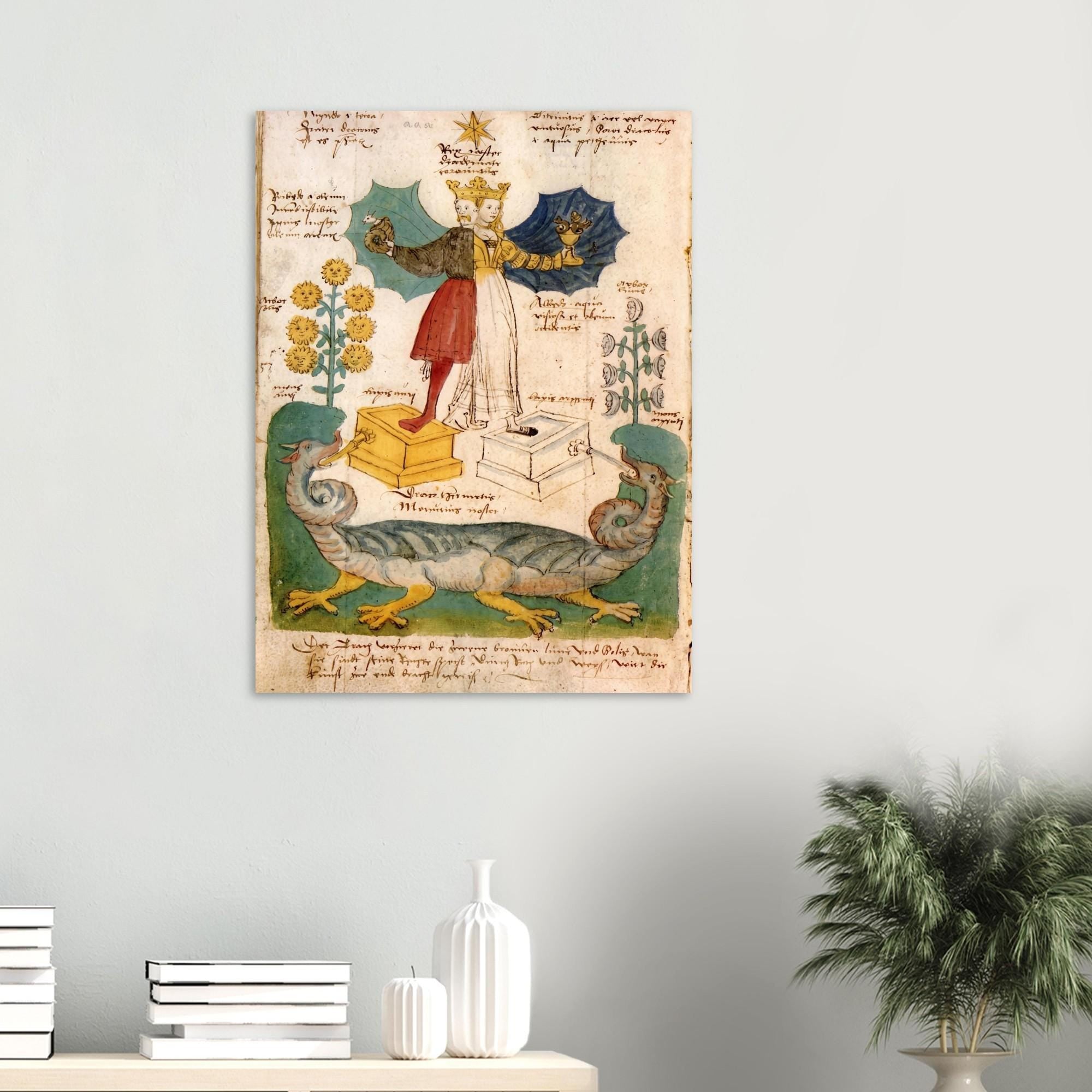 Ancient Medieval Alchemical Rebis Art Print Vintage Occult Manuscript Poster Two Headed Hermaphrodite Dragon Wall Decor Myth Symbolism