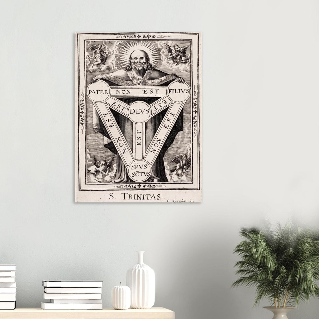 Vintage Holy Trinity Engraving Print Antique Three Faced God Wall Art Occult Sacred Diagram Poster Sacred Medieval Icons