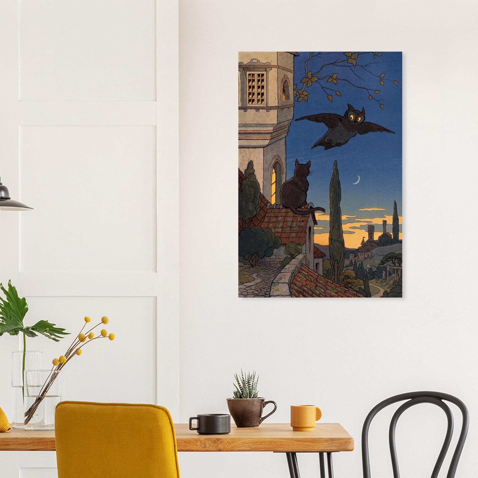 Vintage Owl and Cat Art Print, Whimsical Night Tower Illustration, Retro Animal Wall Decor, Unframed Art Nouveau & Vintage