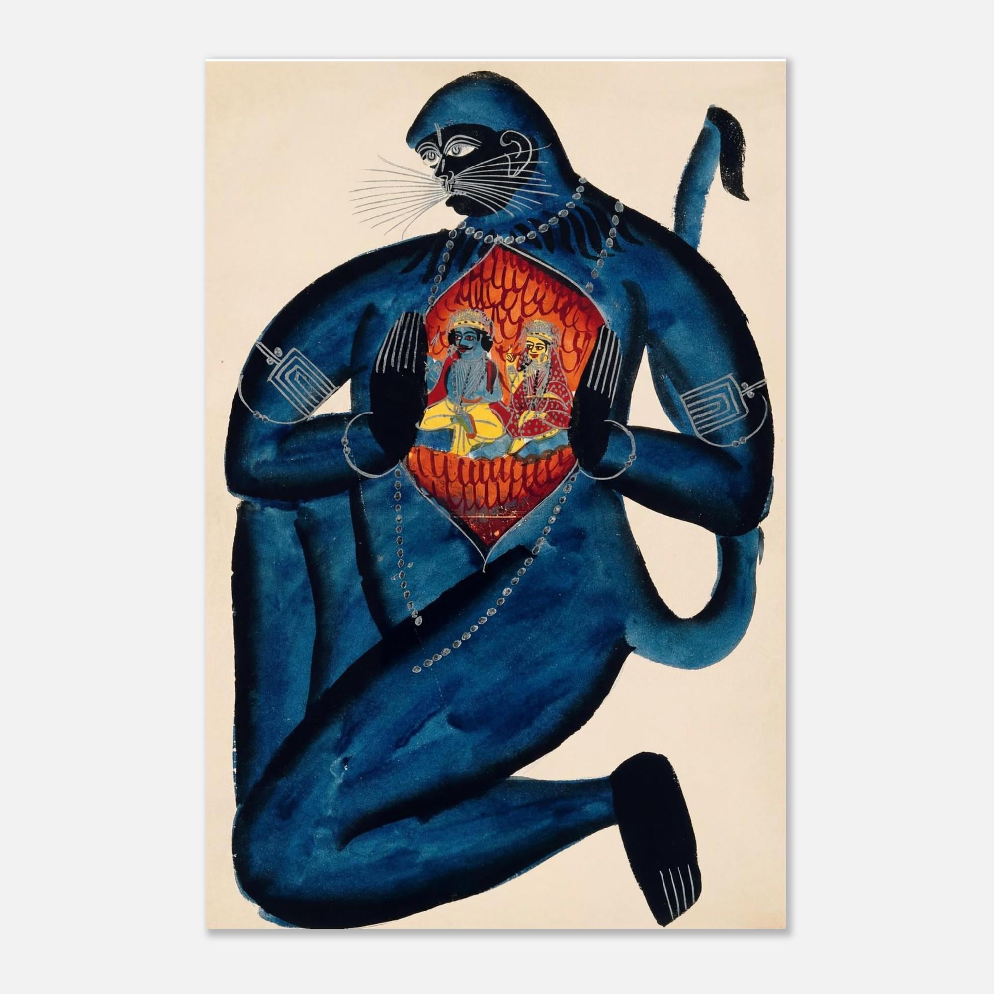 Vintage Hanuman Rama Sita Art Print | Kalighat Indian Folk Art | Hindu Mythology Wall Decor | Spiritual Home Decor Poster Gift