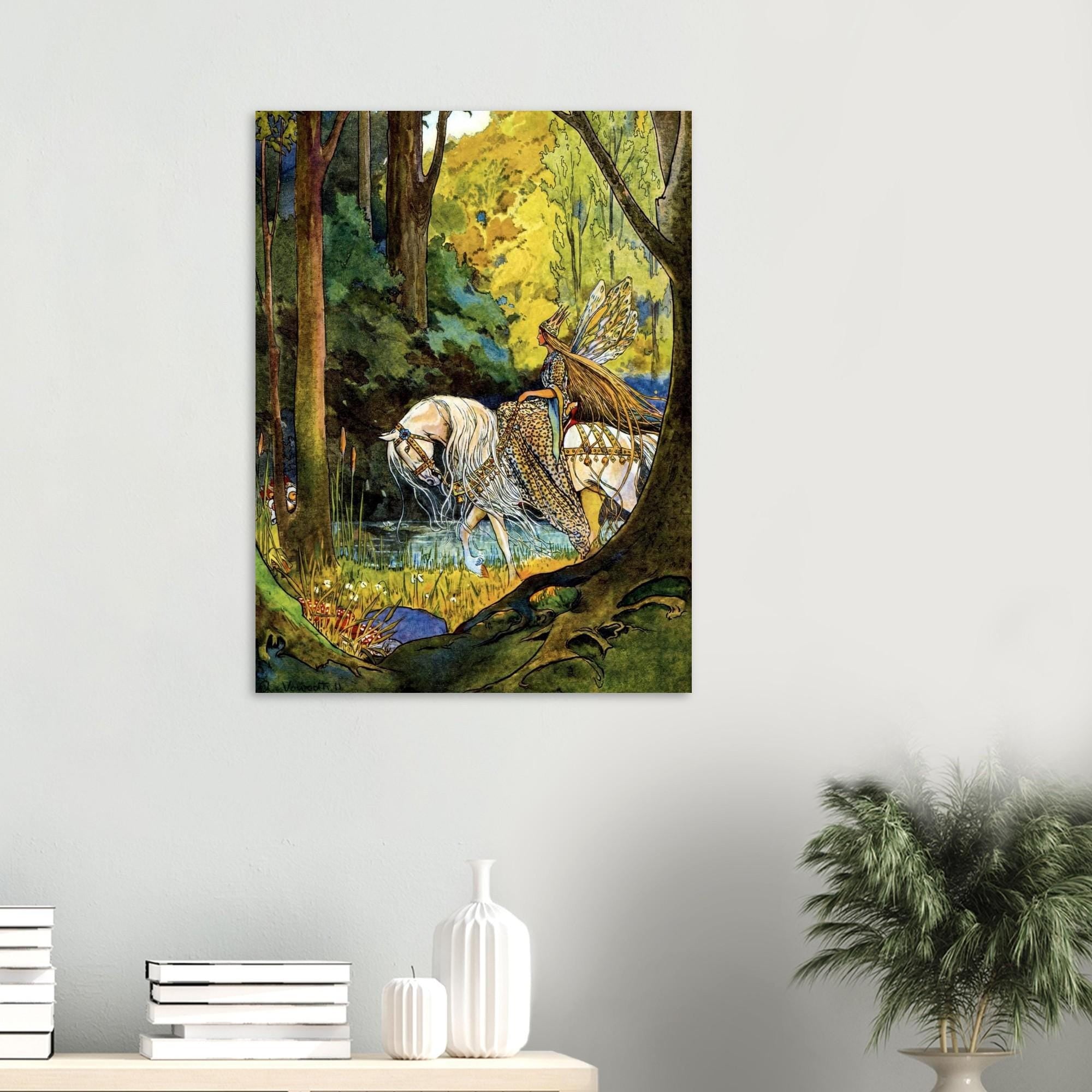 Vintage Fairy Queen White Horse Art Print Enchanted Forest Art Nouveau Fantasy Illustration Golden Hair Wall Decor Art Nouveau Vintage