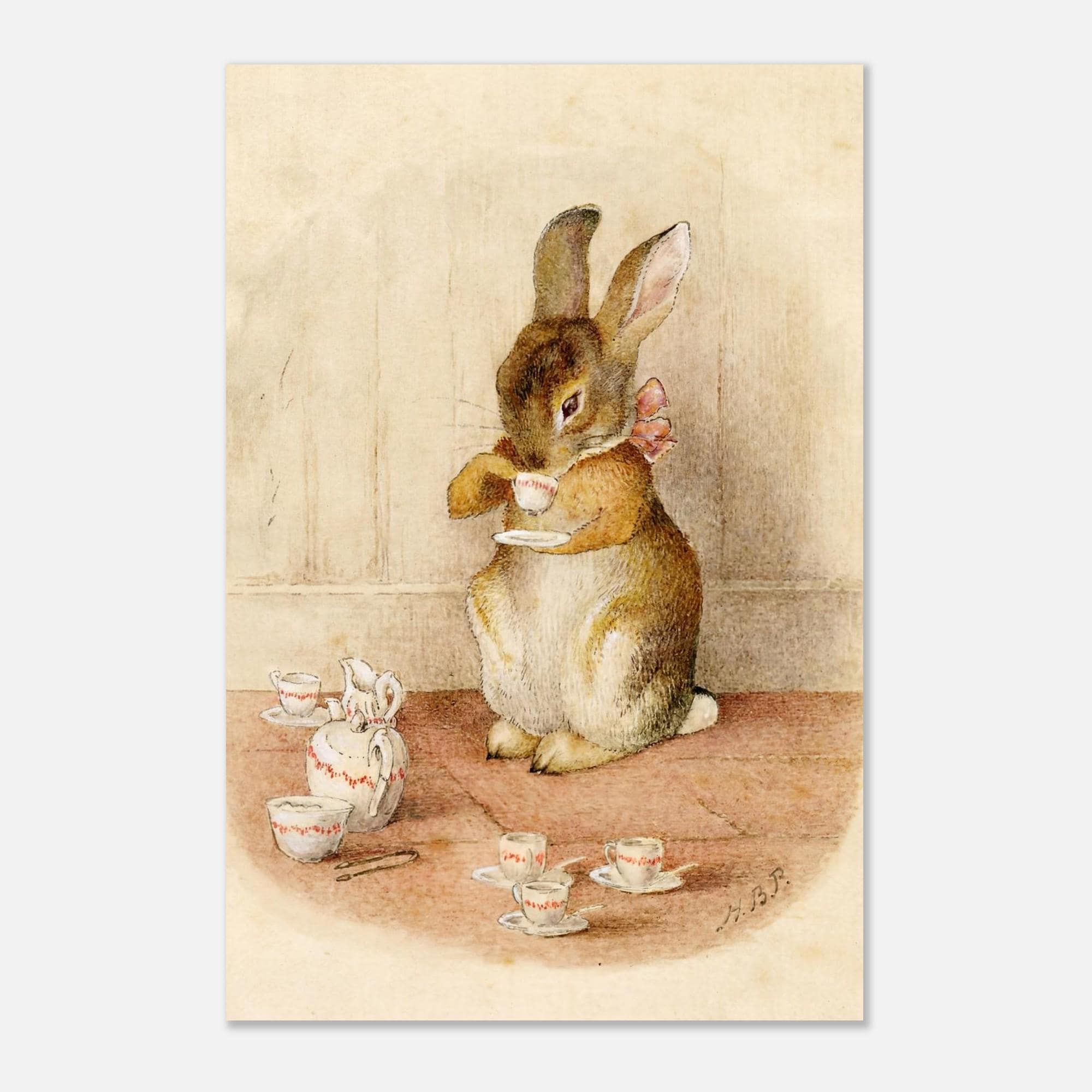 Vintage Rabbit Tea Party Art Print | Whimsical Storybook Wall Decor | Antique Nursery Bunny Illustration | Cottagecore Room Art