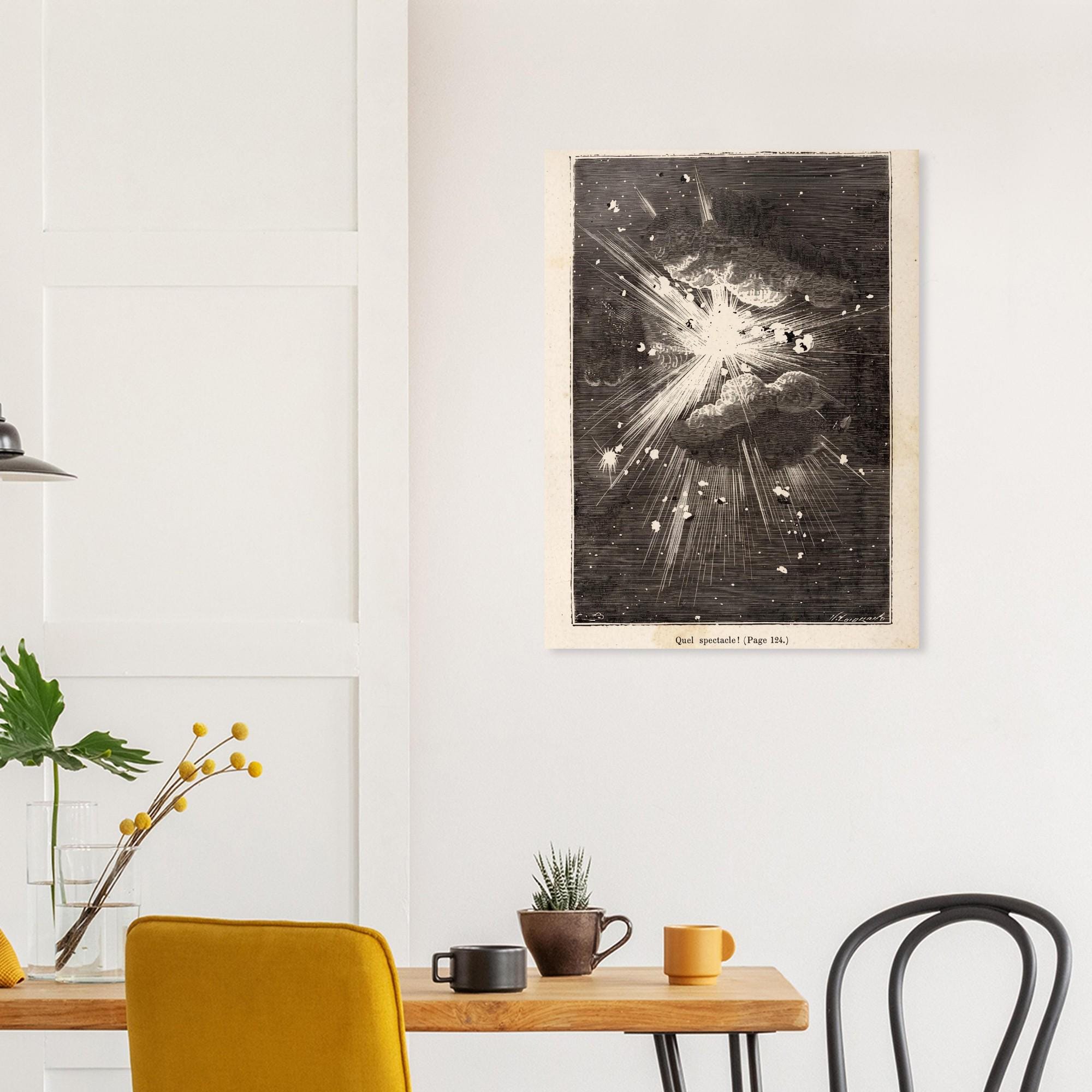 Vintage Jules Verne Space Explosion Print Antique Astronomy Woodcut Poster Sci Fi Outer Space Engraving Dark Academia Moody