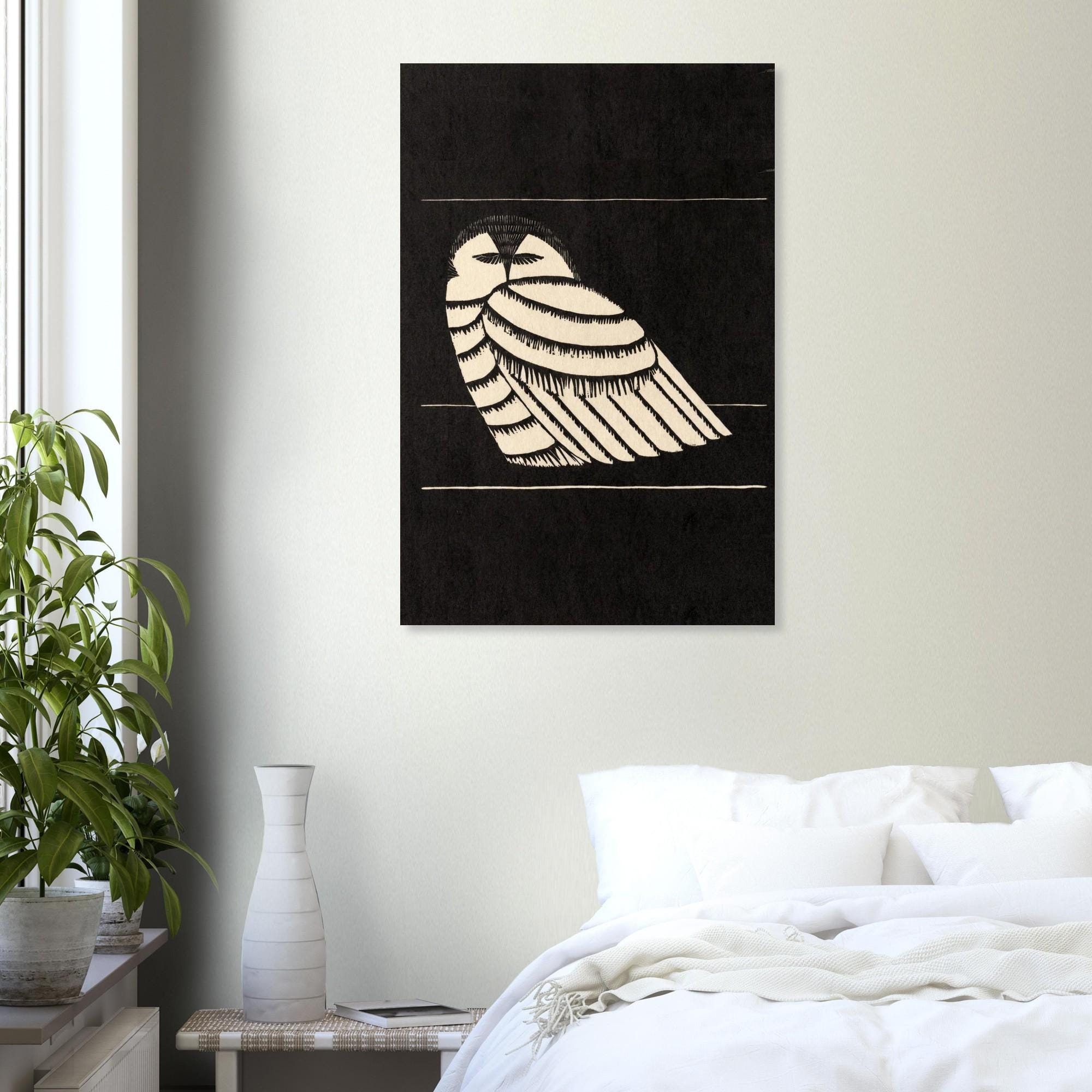 Samuel Jessurun de Mesquita Owl Woodcut Art Print | Minimalist Monochrome Bird Wall Decor | Vintage Mid Century Modernist Poster