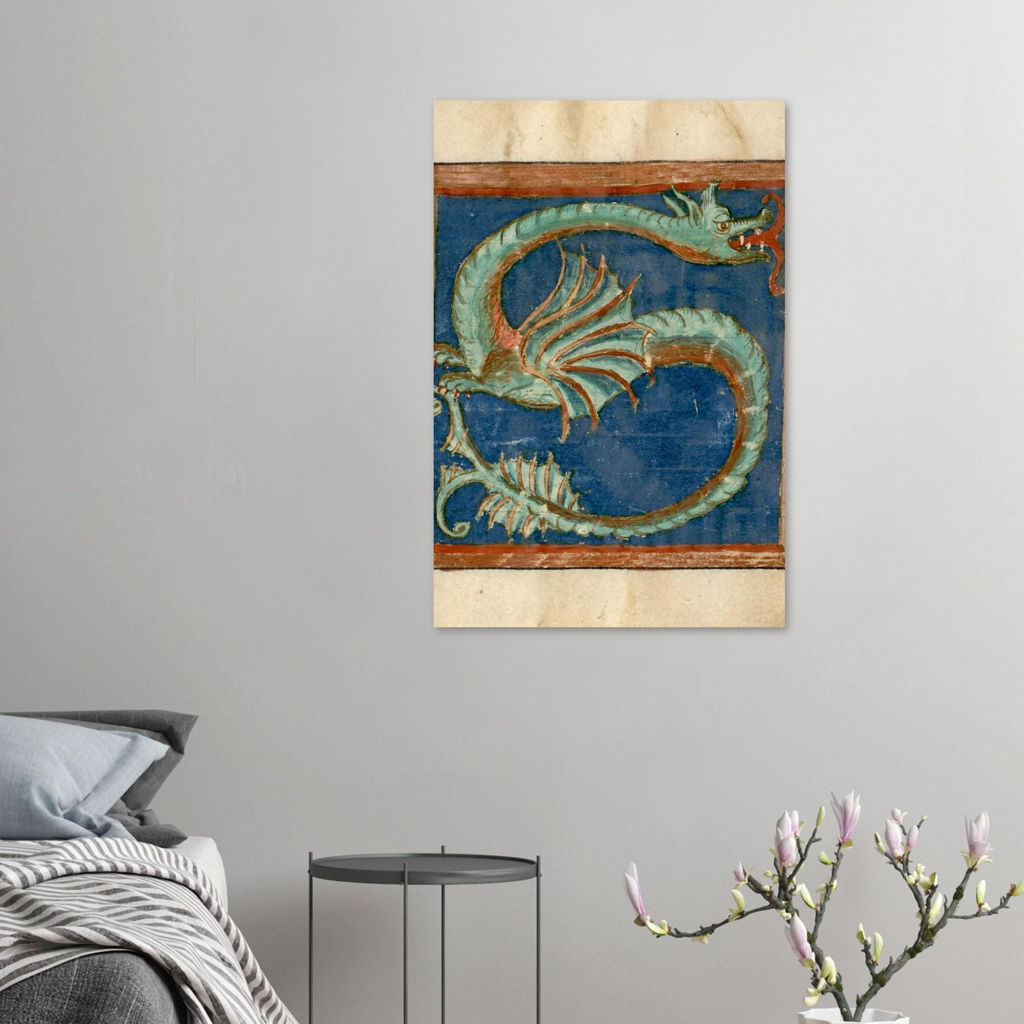 Medieval Dragon Print 12th Century Illuminated Manuscript Initial S Vintage Bestiary Historical Animal Art Animals & Creatures