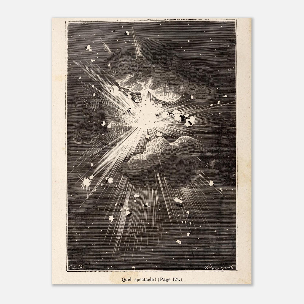 Vintage Jules Verne Space Explosion Print Antique Astronomy Woodcut Poster Sci Fi Outer Space Engraving Dark Academia Moody