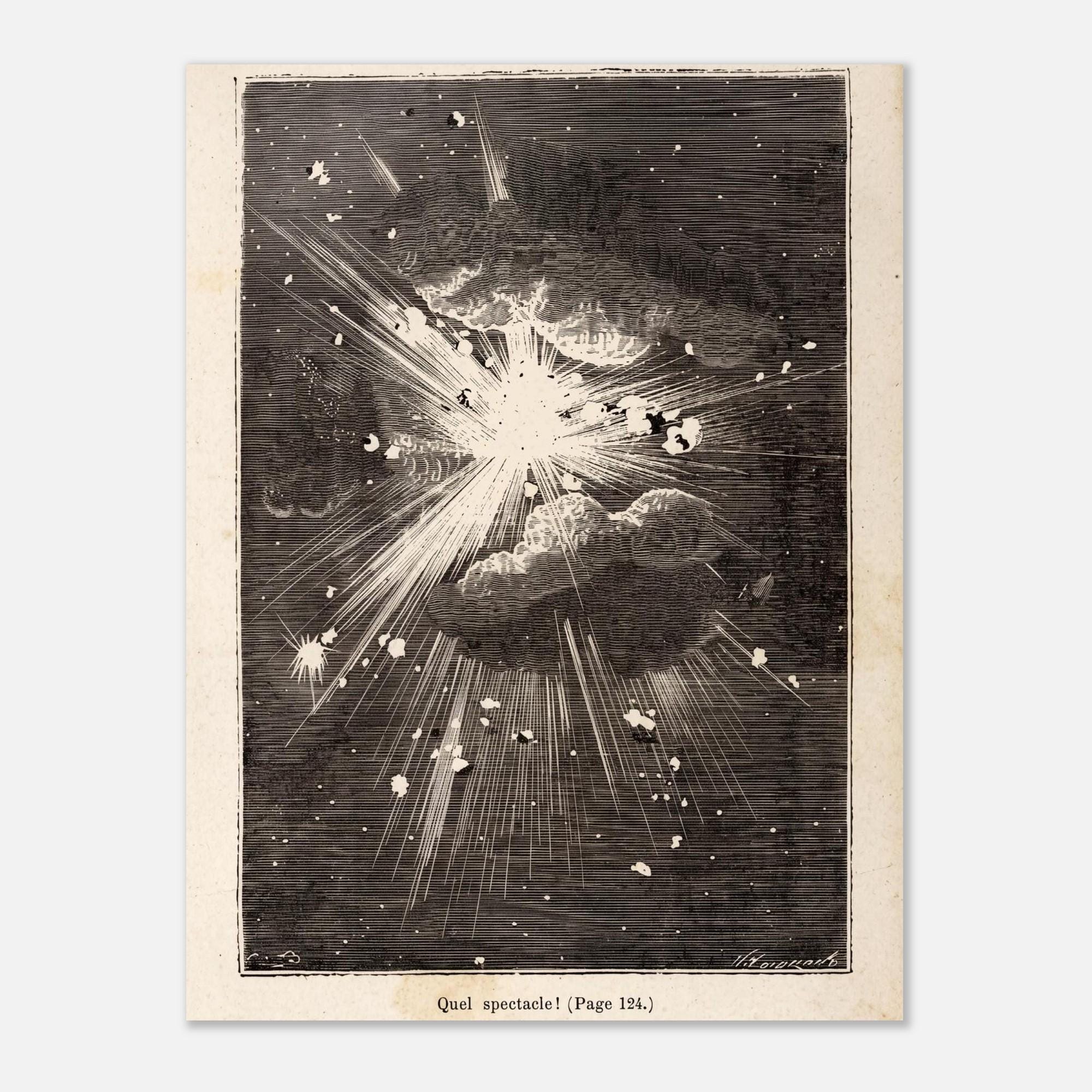 Vintage Jules Verne Space Explosion Print Antique Astronomy Woodcut Poster Sci Fi Outer Space Engraving Dark Academia Moody