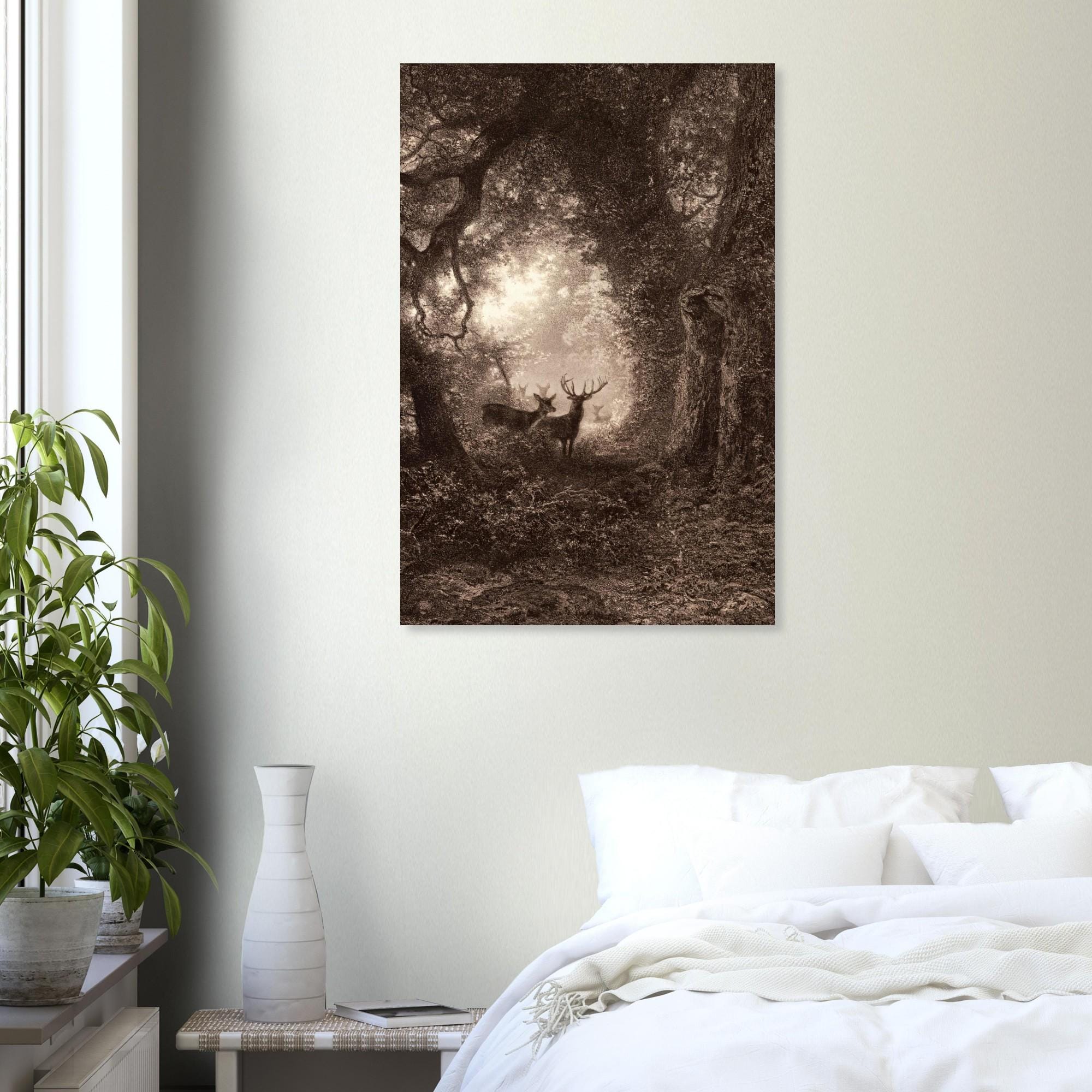 Vintage Deer Forest Art Print Gustave Dore Antique Woodland Landscape Engraving Moody Victorian Wall Decor Dark Academia & Moody