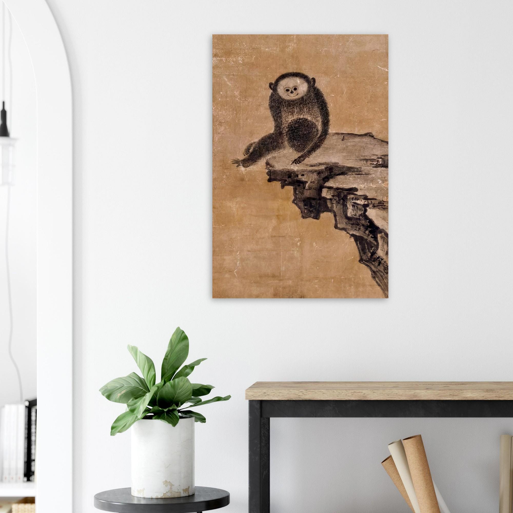 Japanese Zen Monkey Art Print | Minimalist Ink Wash Wall Art | Muqi Gibbon Painting | Wabi Sabi Animal Decor | Smiling Monkey Art