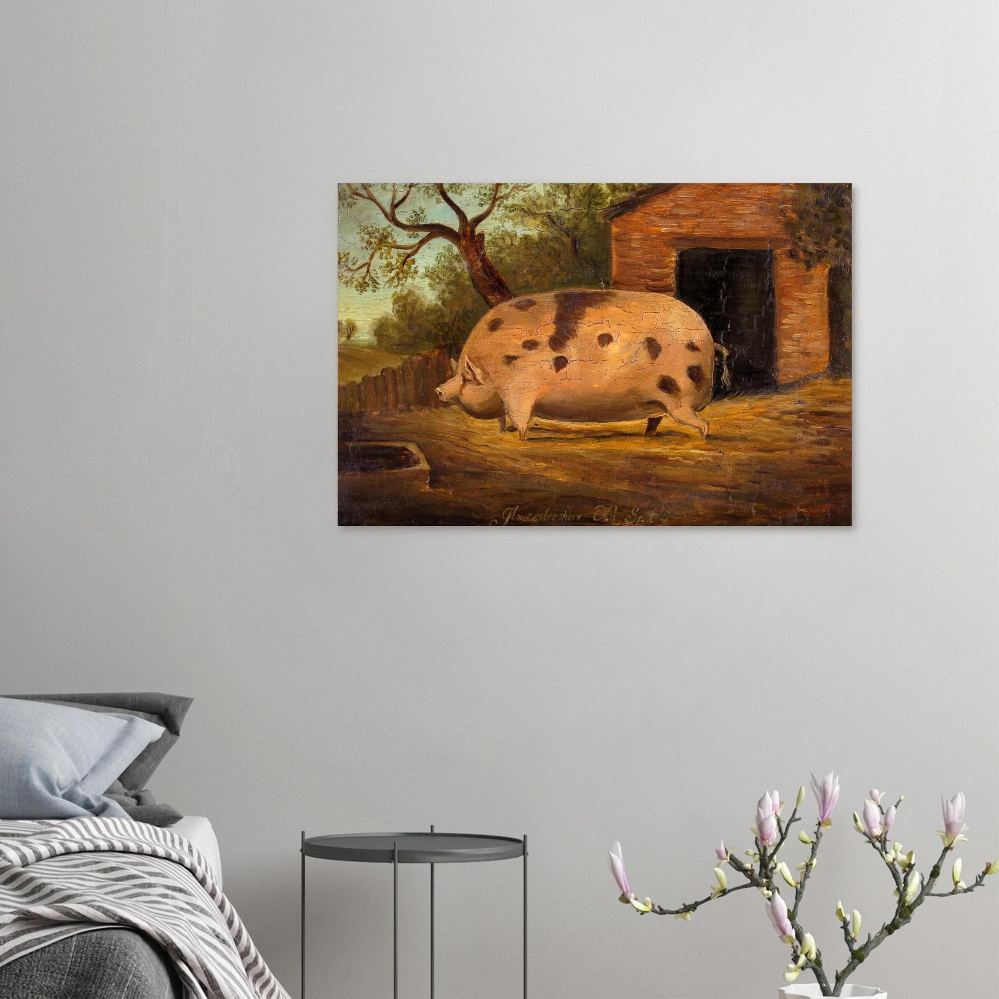Vintage Pig Painting, Gloucestershire Old Spot Folk Art Print, Antique Farmhouse Wall Decor, Rustic Animal Portrait Poster
