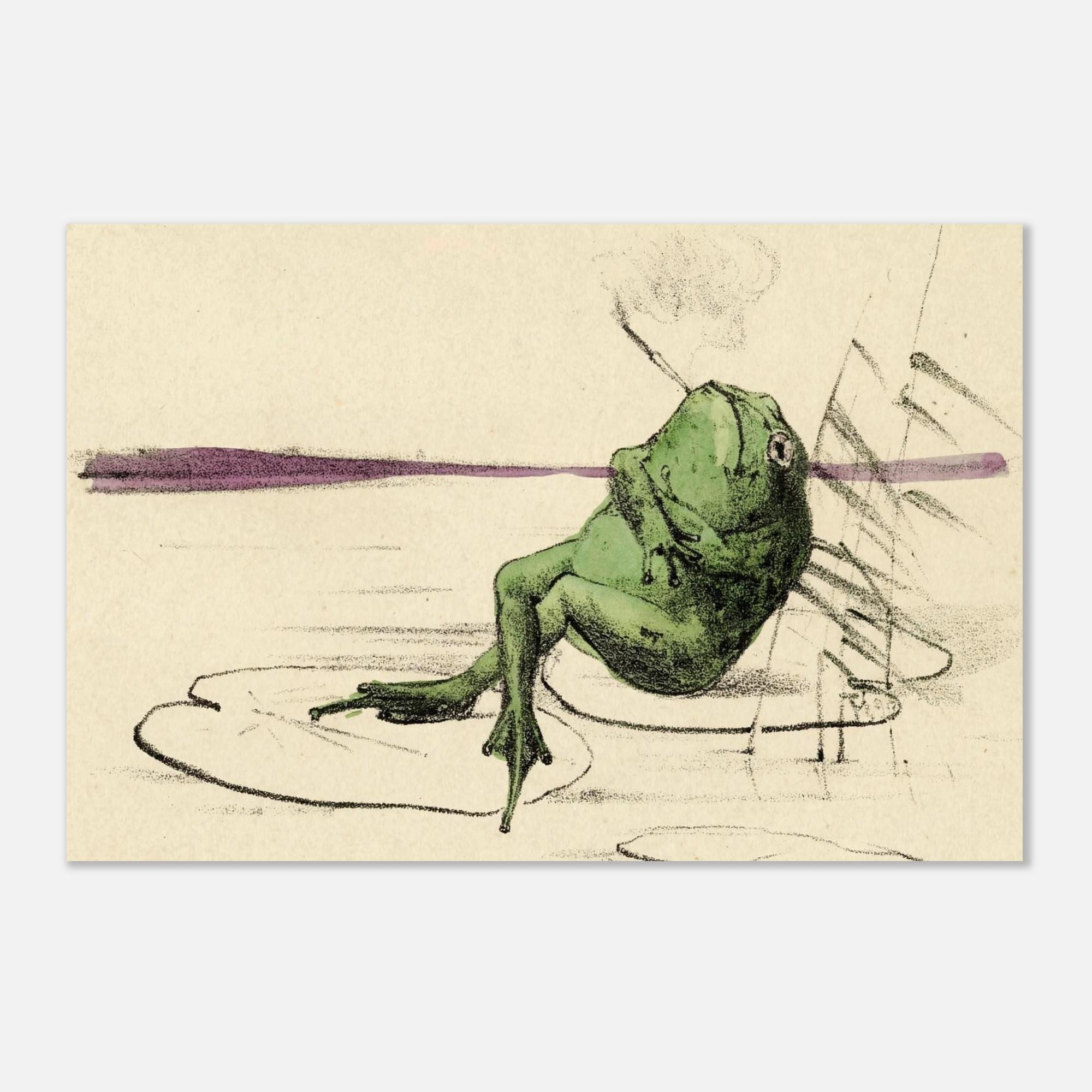 Reclining Frog Smoking Pipe Art Print | Victorian Whimsical Animal Wall Art | Dark Academia Decor | Vintage Toad Illustration