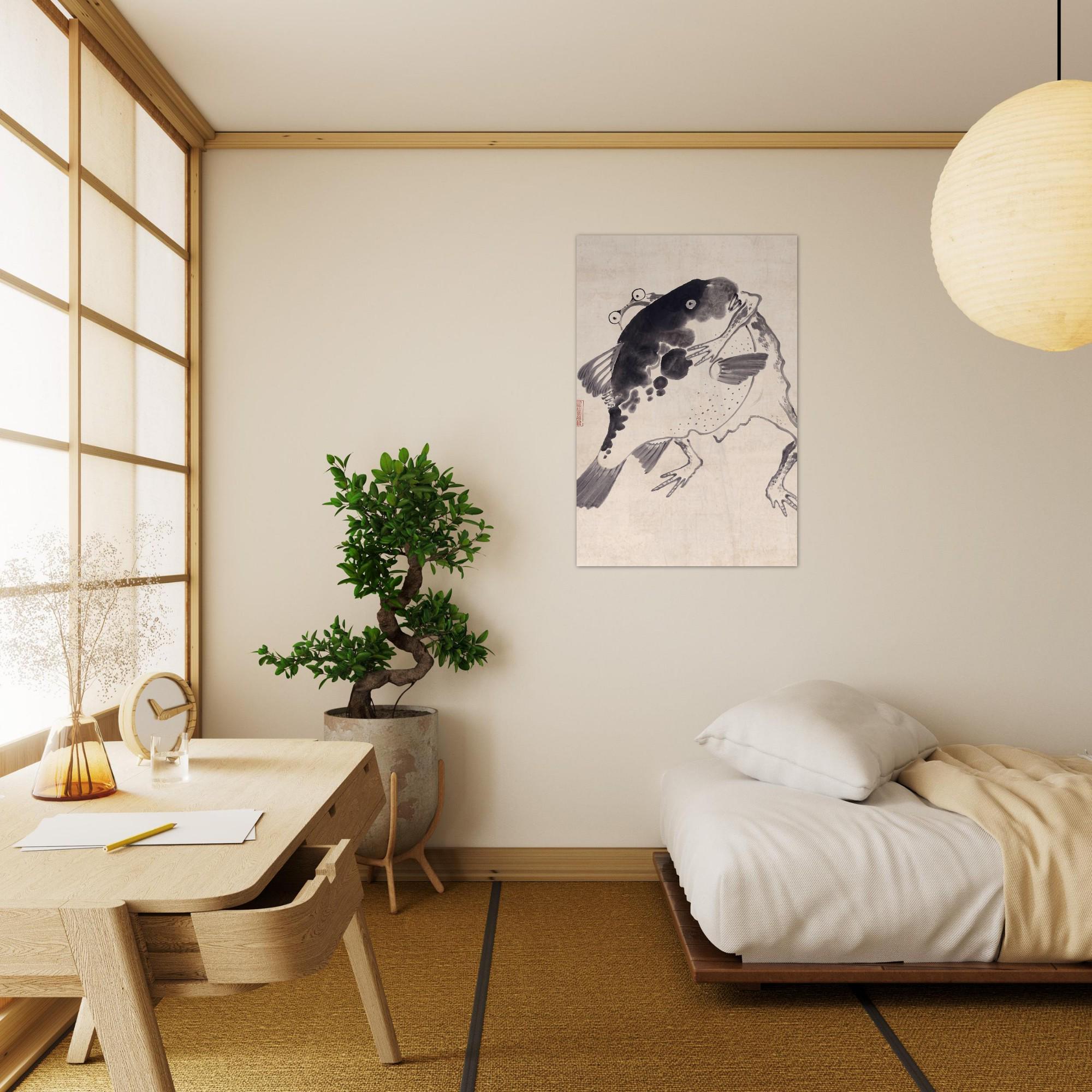 Nagasawa Rosetsu Pufferfish and Frog Art Print Japanese Sumi e Ink Painting Minimalist Animal Wall Decor Woodblock and Asian Art