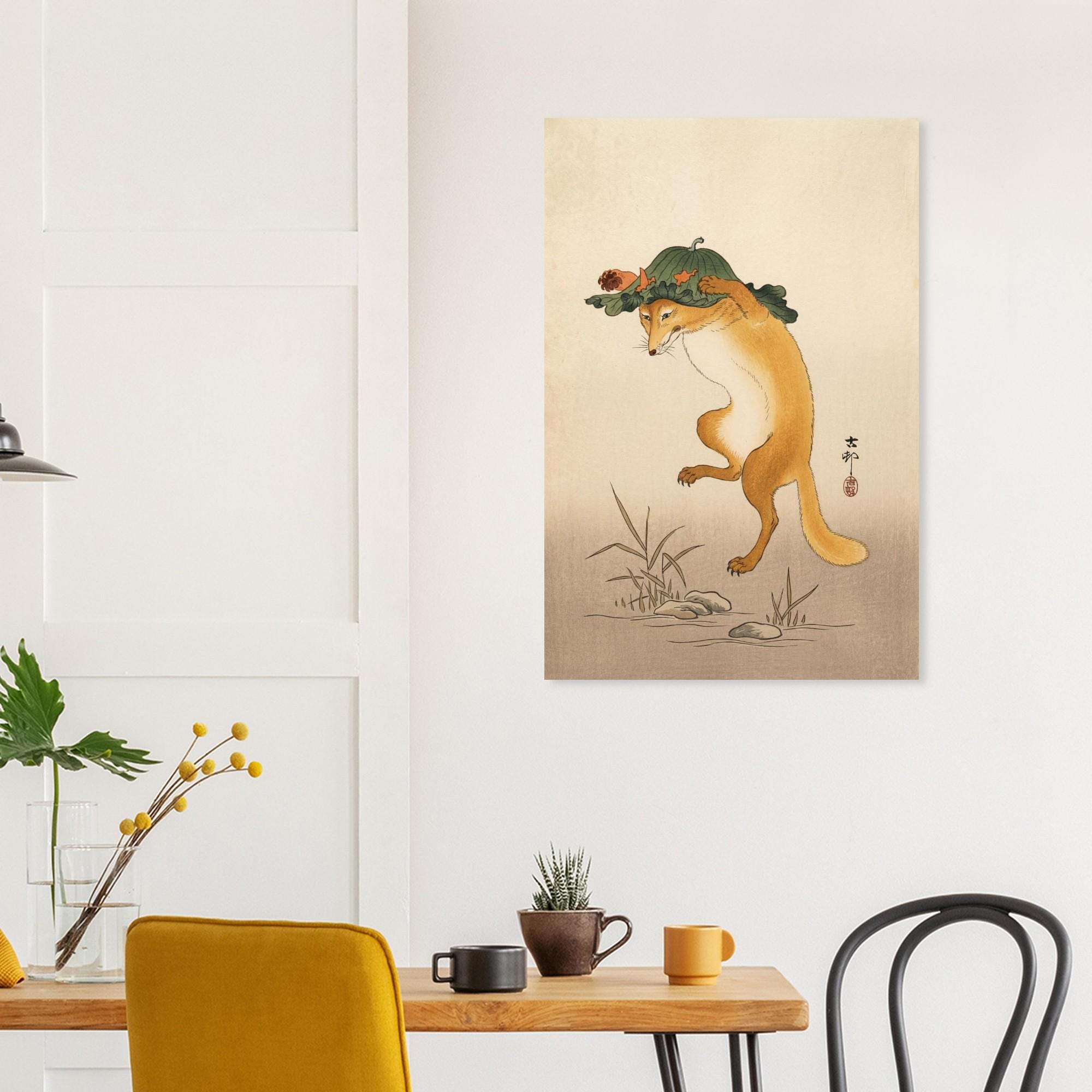 Dancing Fox with Lotus Leaf Hat Ohara Koson Art Print Vintage Japanese Woodblock Painting Kitsune Poster Woodblock & Asian Art