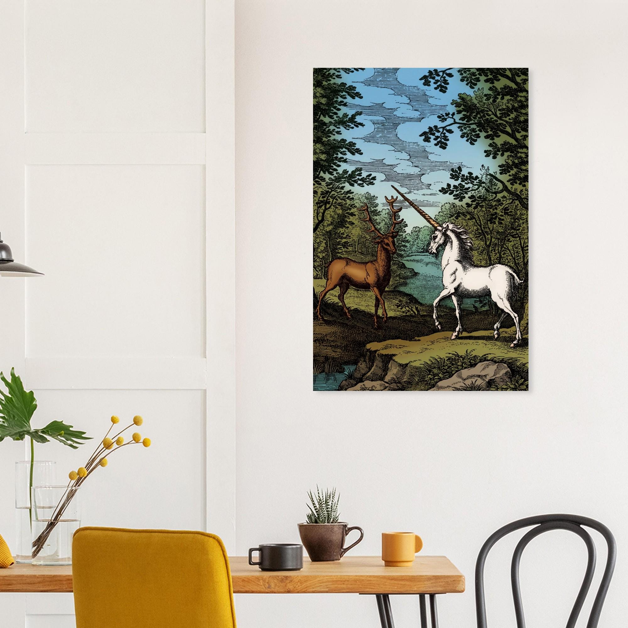Vintage Unicorn and Stag Woodcut Alchemy Art Print Medieval Hermetic Illustration for Dark Academia Decor Myth & Symbolism