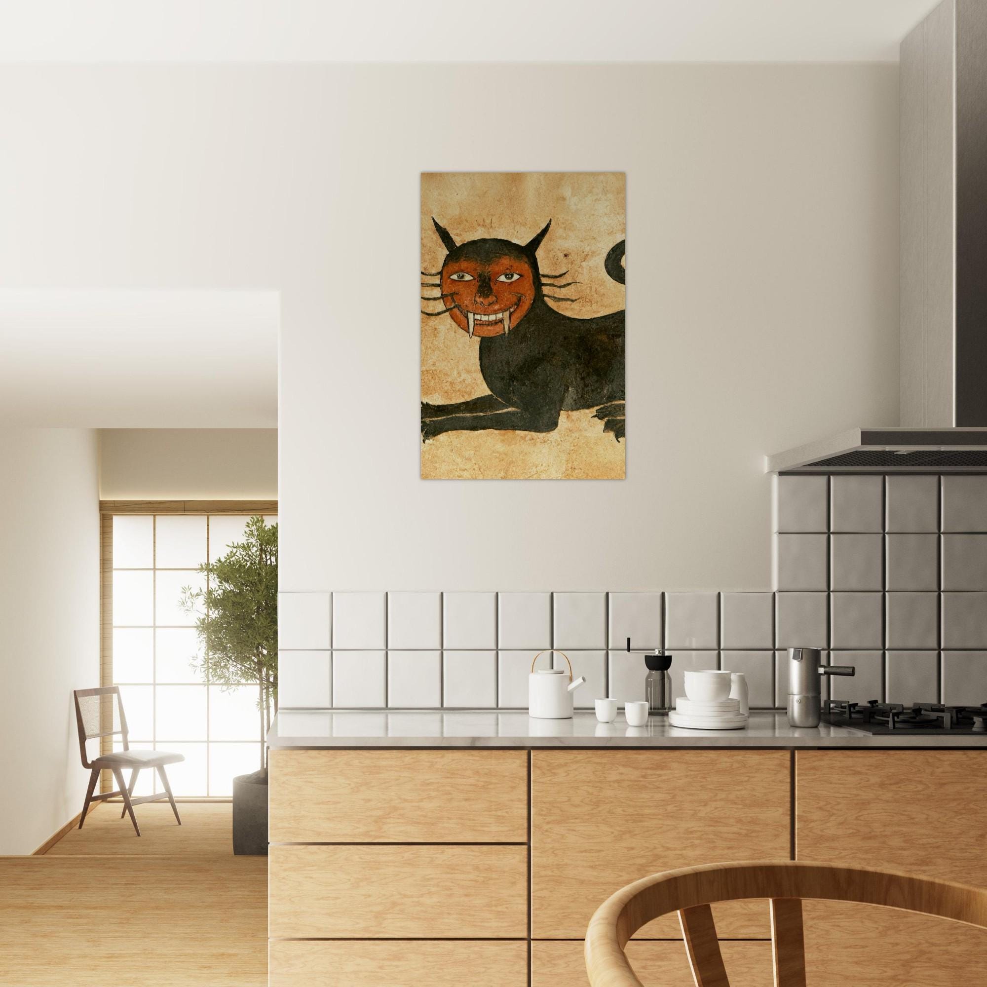 Funny Red Faced Medieval Cat with Fangs Art Print Black Cat Gothic Folk Painting Weird Oddity Wall Decor Folk & Naive Art 60d37