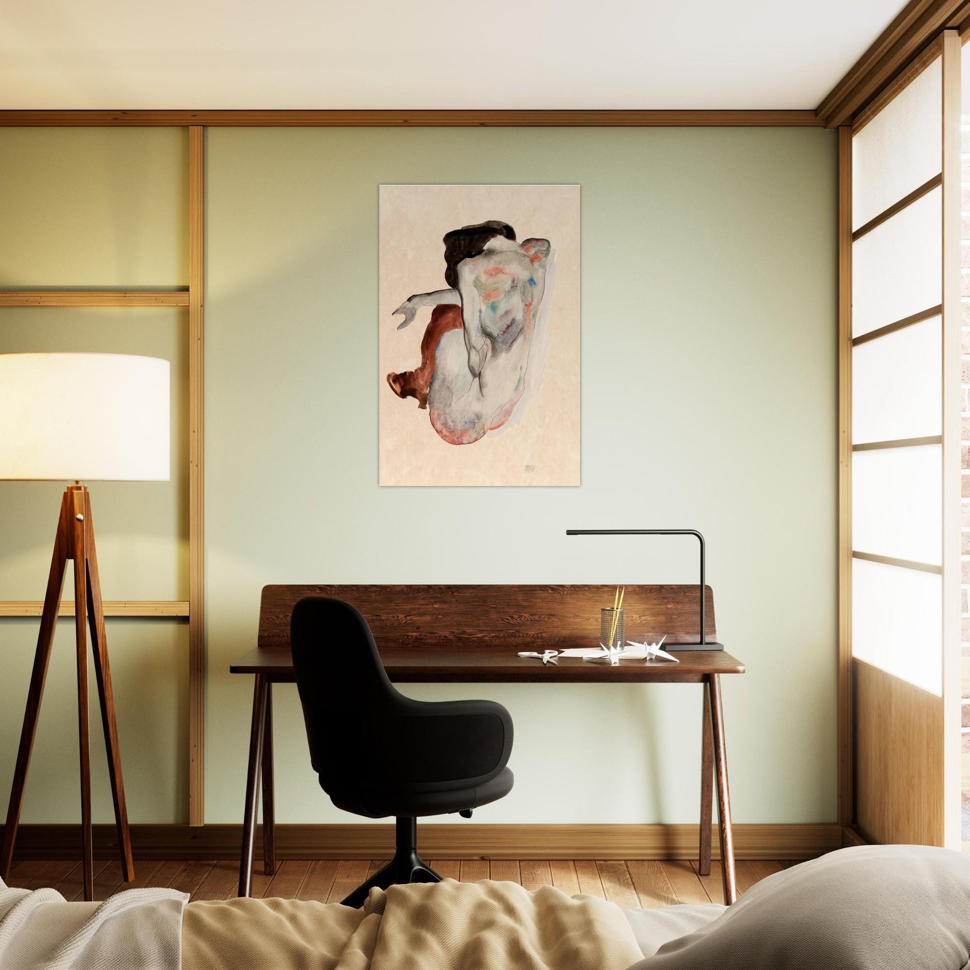 Egon Schiele 1912 Crouching Nude Figure Study Sketch Fine Art Print Vintage Austrian Expressionism Wall Art Portraits Figures