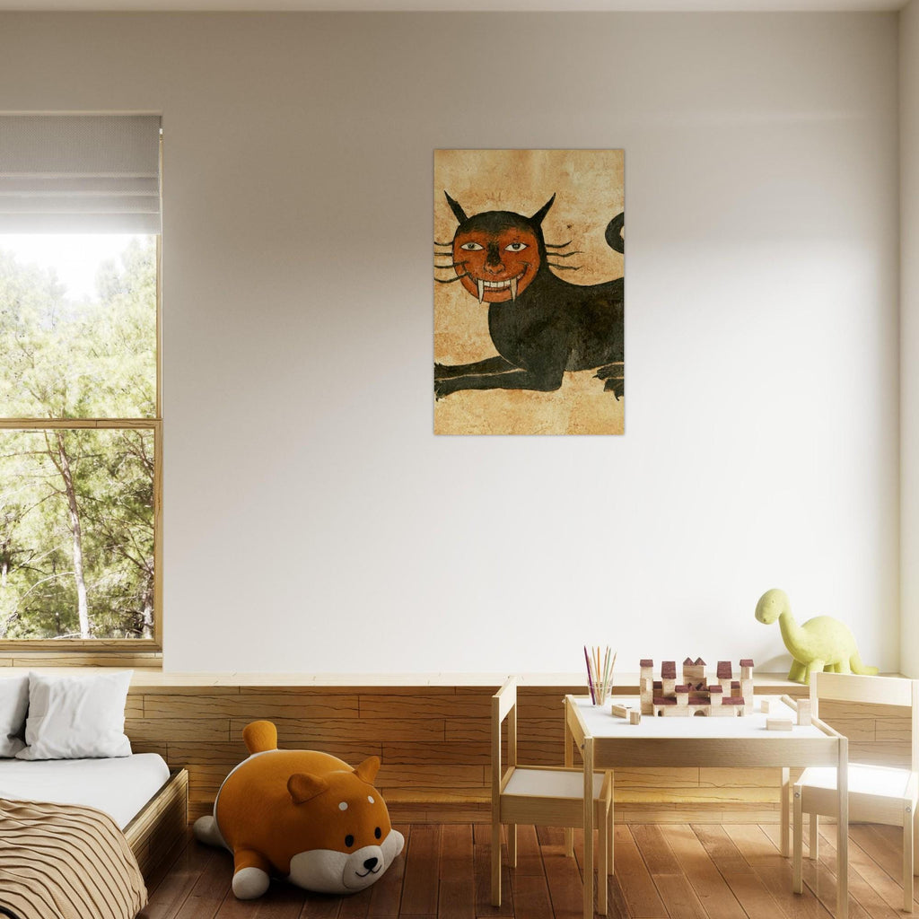 Funny Red Faced Medieval Cat with Fangs Art Print Black Cat Gothic Folk Painting Weird Oddity Wall Decor Folk & Naive Art 60d37