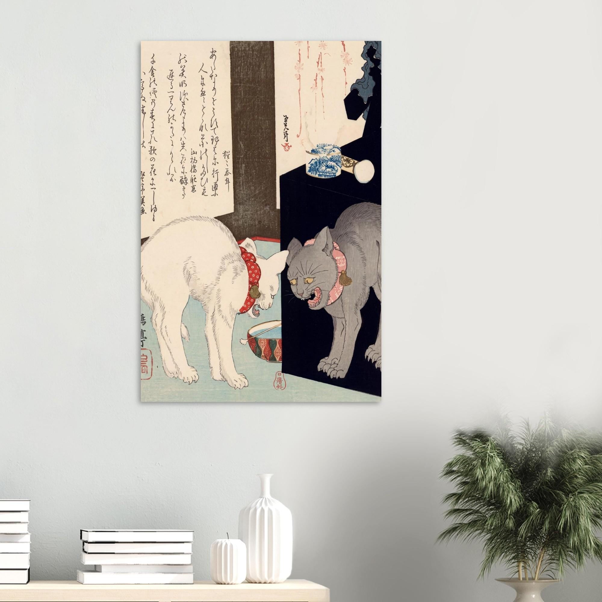Two Cats Japanese Woodblock Print Vintage Ukiyo e Feline Art Antique Edo Period Surimono Wall Decor Woodblock Asian Art